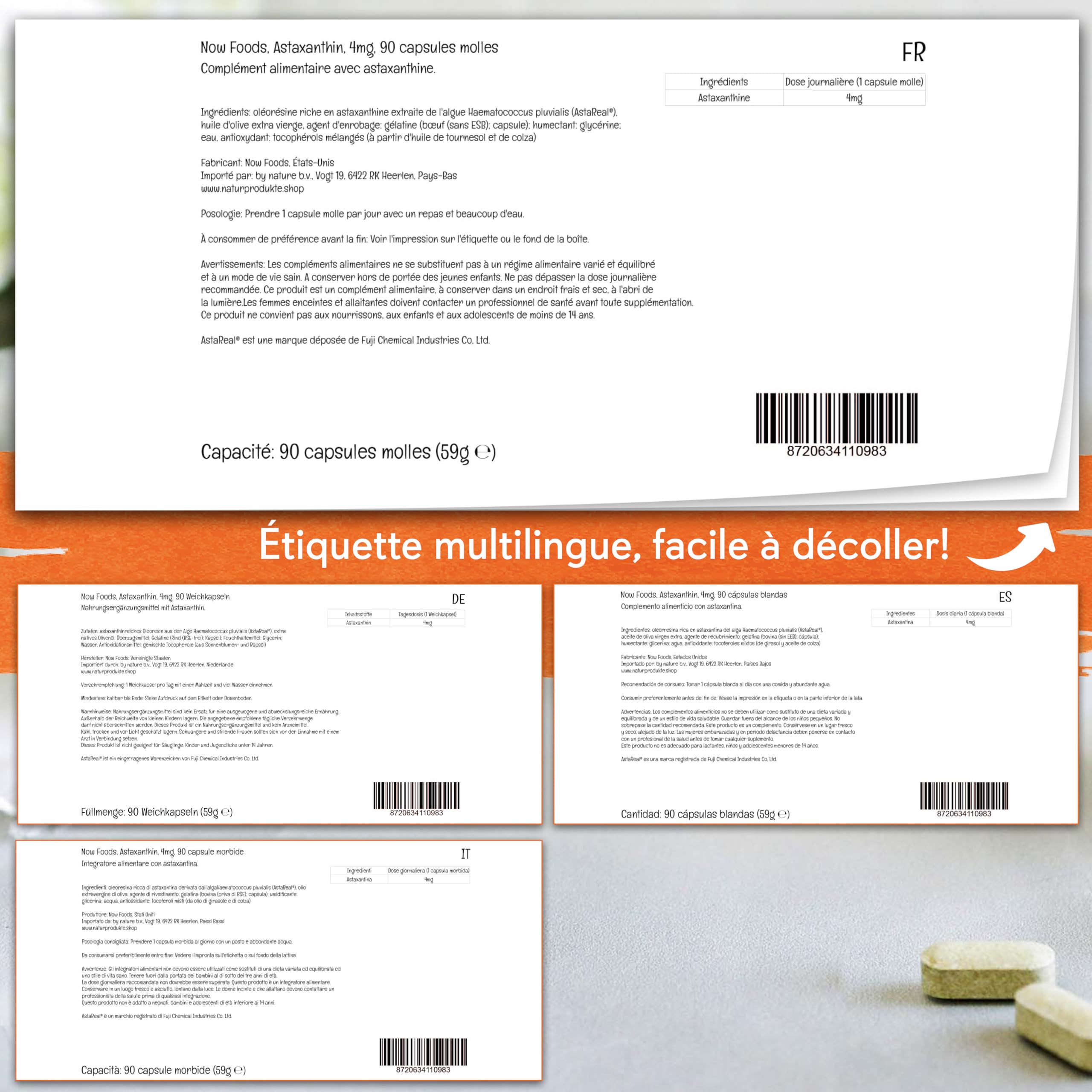 Now Foods, Astaxanthin, 4 mg, 90 Capsules molles, Testé en Laboratoire, Caroténoïde, Sans Gluten, Sans OGM