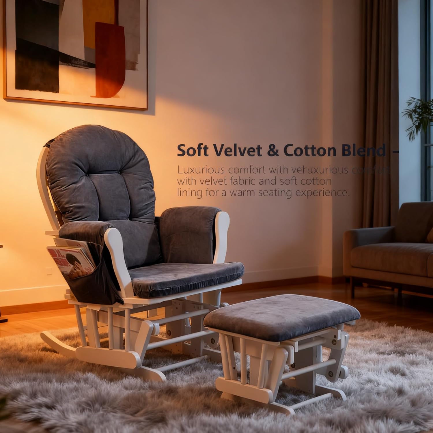 Zerone Soft Velvet Cotton Chair Cushions and Stool Pad Set, Glider Rocker Replacement Cushions with Storage Pockets