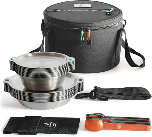 MAGWARE Magnetic Bowls and Plates Set - Stainless Steel Travel Dinnerware for Camping, Backpacking, Picnics, and Outdoor Dining - Portable and Reusable Camping Mess Kit