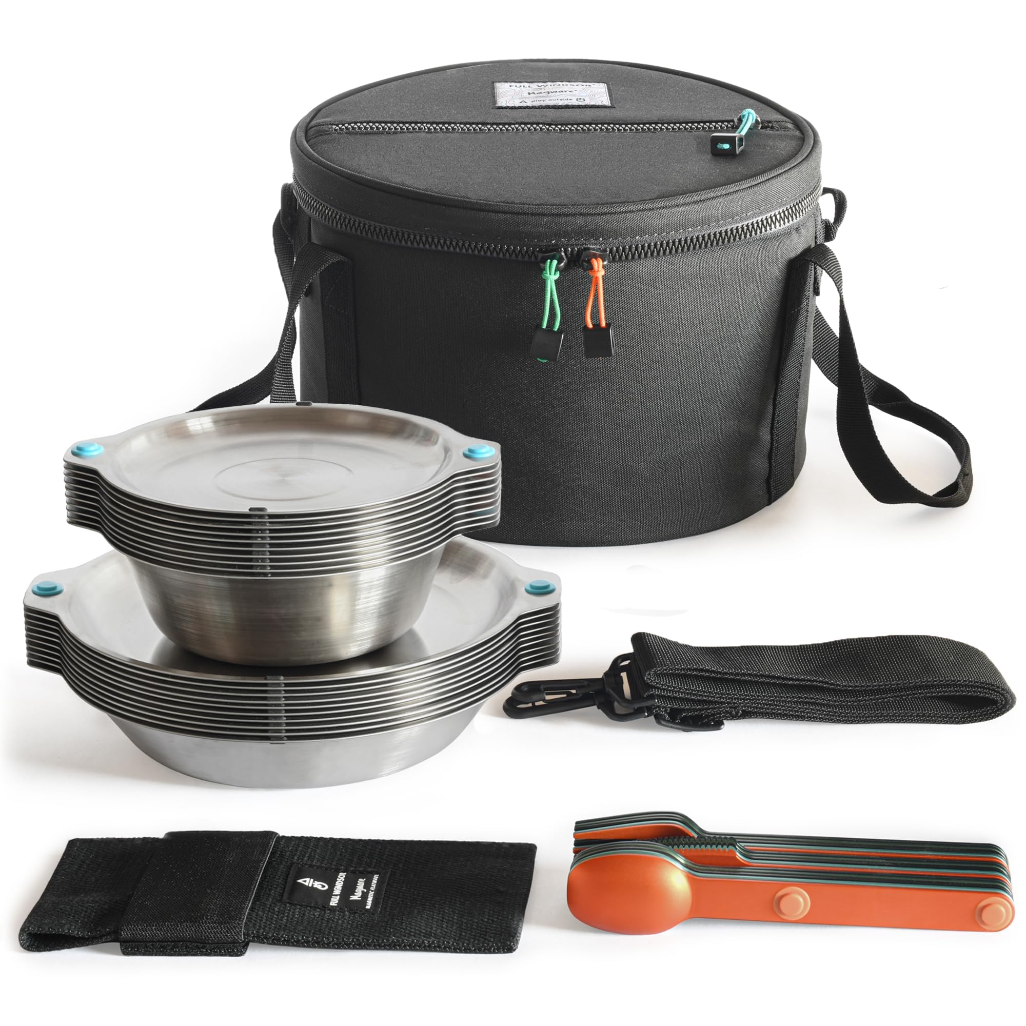 FULL WiNDSOR MAGWARE – Magnetisches Schüsseln, Teller und Besteck-Set – tragbares Edelstahlgeschirr und Besteck für Essen im Freien, Camping, Rucksackreisen & stapelbares Chaos Kit (35-teilig)