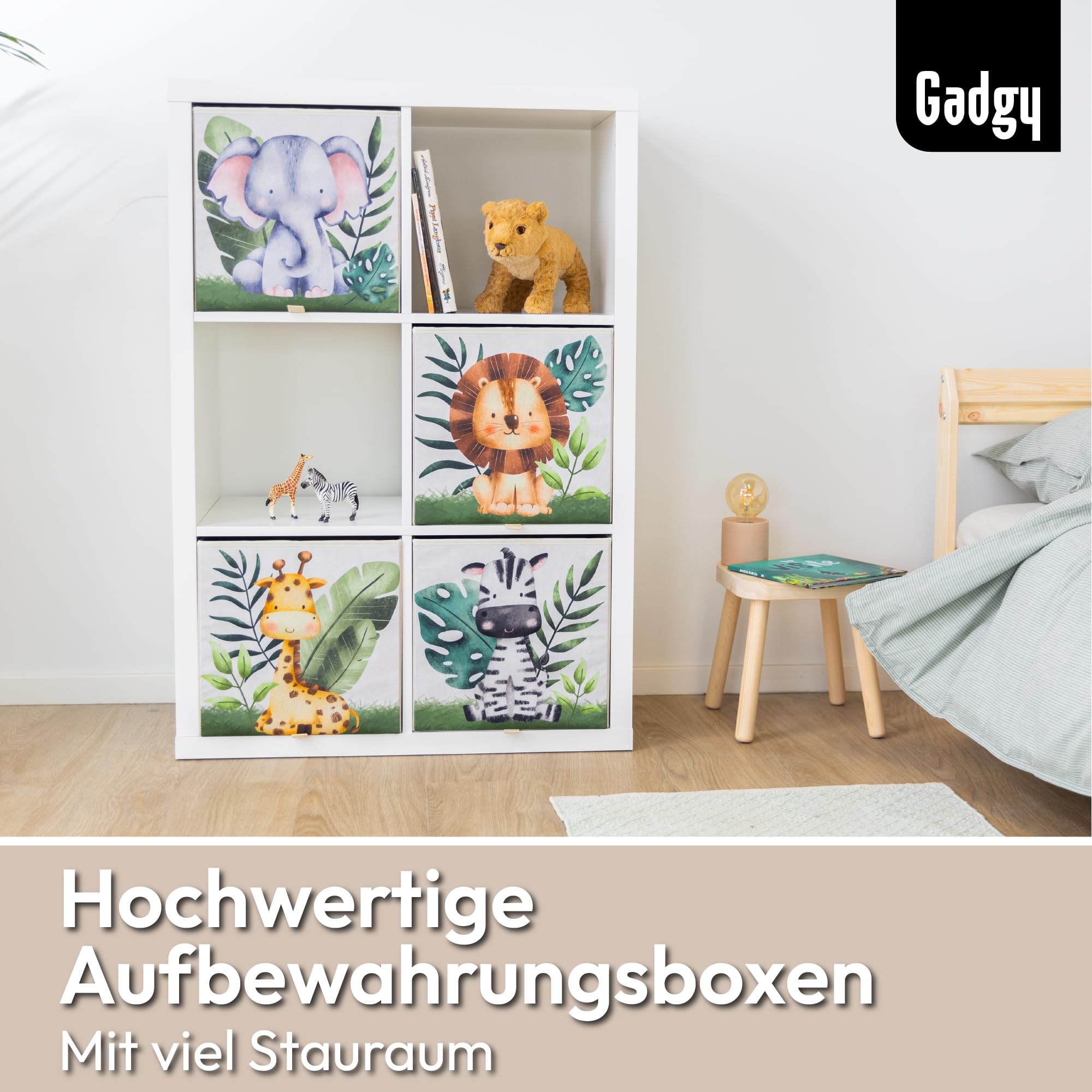 Gadgy Aufbewahrungsbox Kinder 4er Set Faltbox für Kallax - Tiermotiv | Spielzeugboxen 33 x 33 x 33 cm für Kleidung Bücher und Kuscheltiere - Platzsparend Faltbar mit Grifflasche
