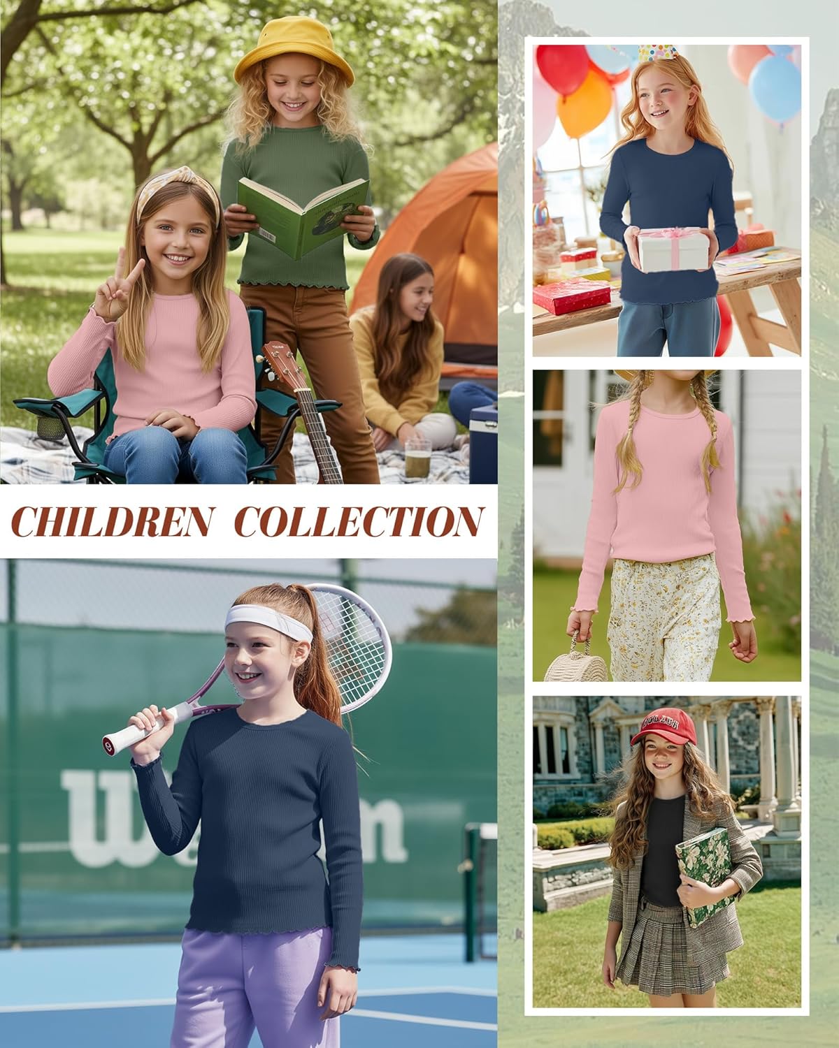 4 Pack Girl's Long Sleeve Shirts Cotton Ribbed Knit Tops Crew Neck Lettuce Trim Tee Basic Layer Fitted Undershirts - Image 2