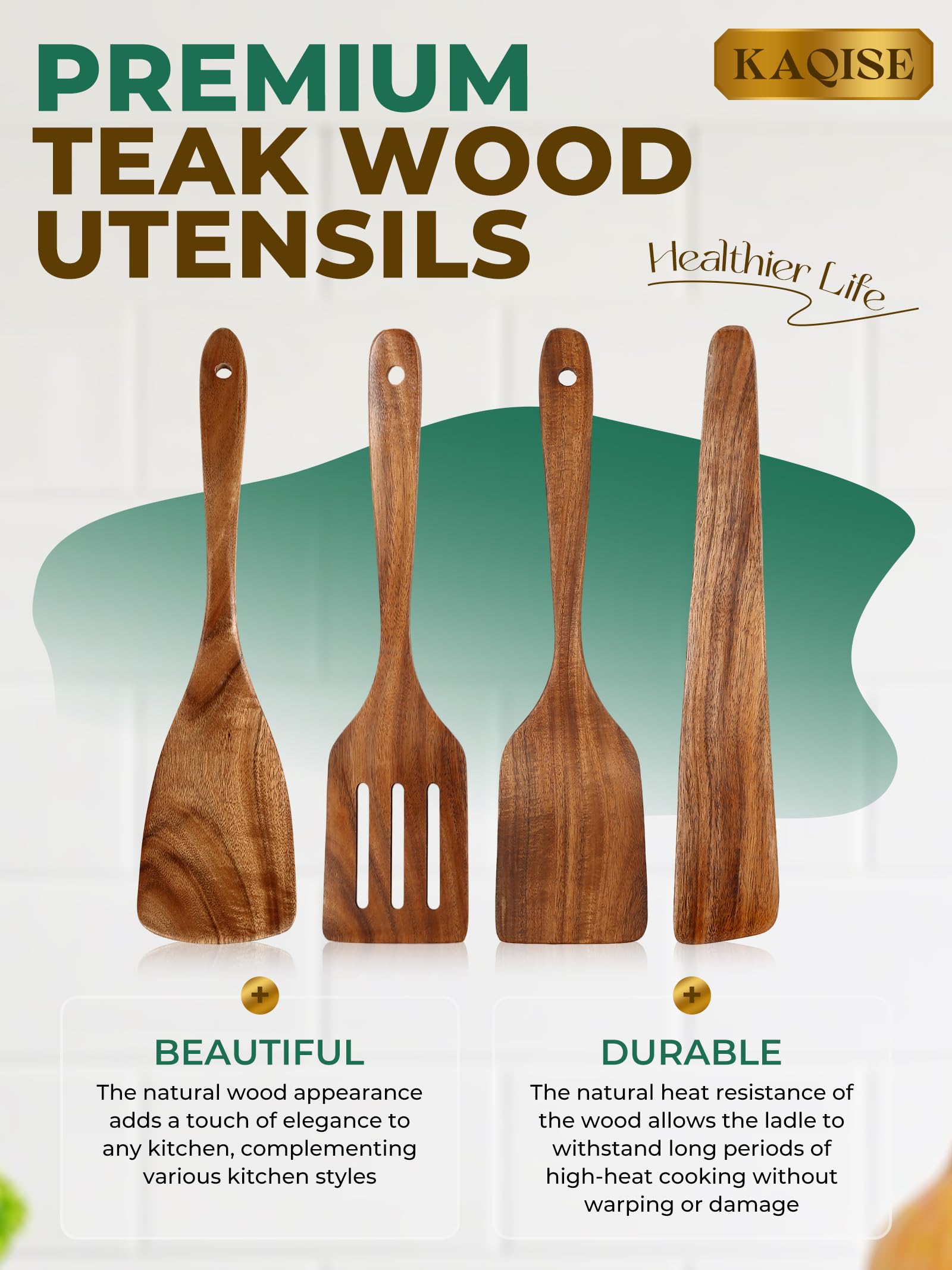 KAQISE Wooden Spatula for Cooking, Natural Teak Wood Utensils including Frying Flat Spatula Turner, Wooden Kitchen Utensils Set (4Pcs)