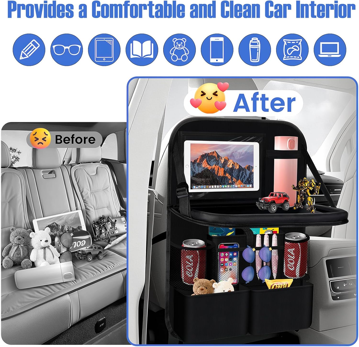 Car Seat Organiser, Car Back Seat Organiser, Car Child Backrest Protection, Multifunctional Waterproof Back Seat Organiser with Folding Table, Tablet Bag and Many Pockets image 3