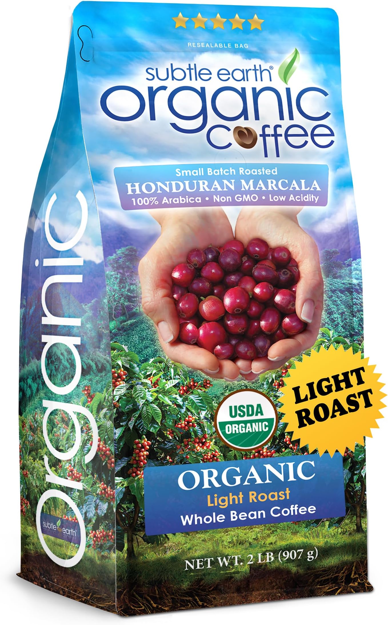 2LB Subtle Earth Organic Coffee - Light Roast - Whole Bean Coffee - 100% Arabica Beans - Low Acidity and Non-GMO - 2lb bag