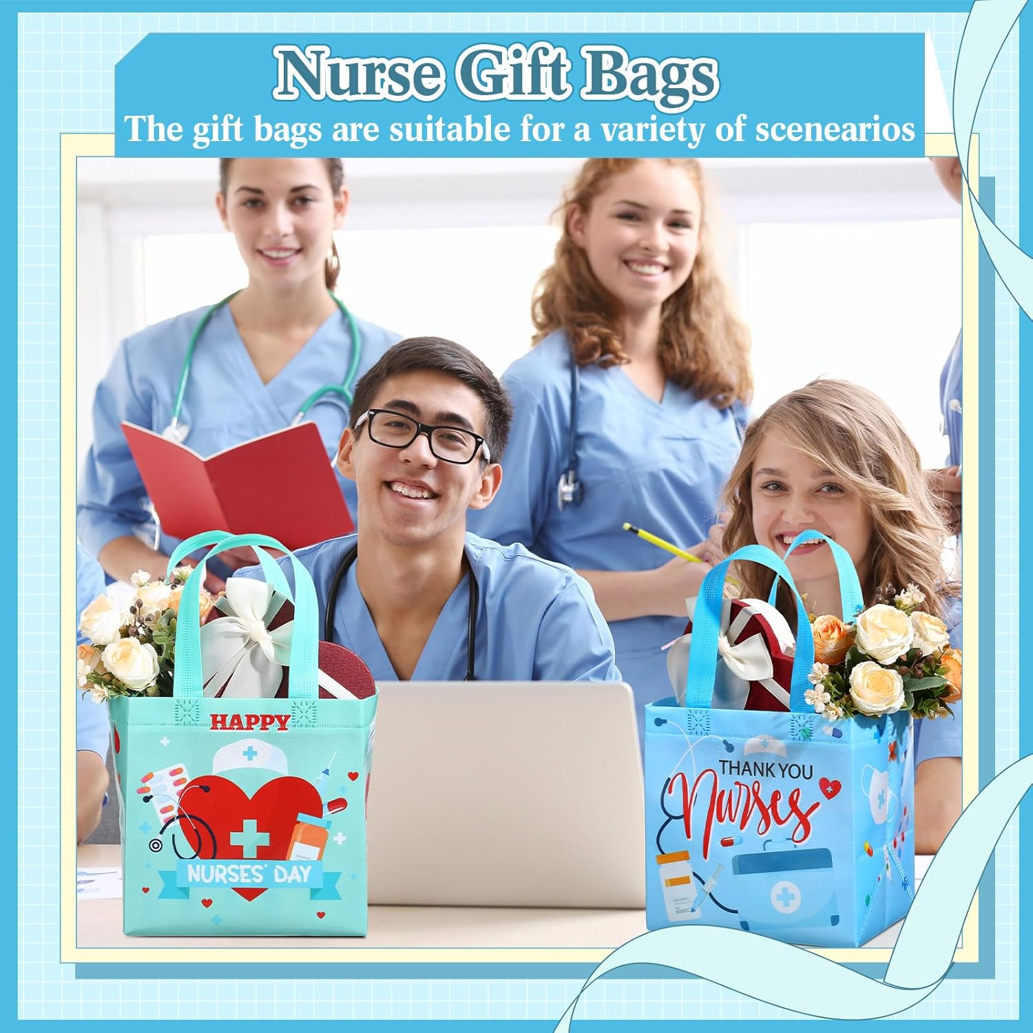 SiliFine 24 Pcs Nurse Appreciation Gifts Bags Thank You Nurses Non Woven Tote Medical Assistant Goodie Bags with Handles for Nurses' Day Party Supplies Graduation Decorations, 8 x 6 x 8 Inches