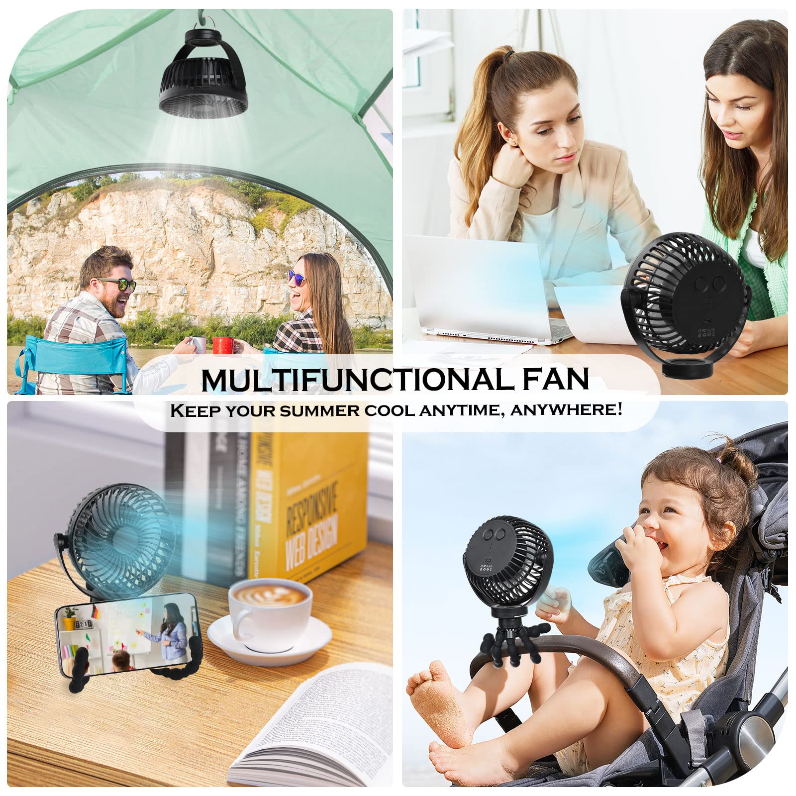 Hianjoo Kinderwagen Ventilator mit LED Leicht, 5200mAh Kleiner Tischventilator Camping Ventilator, 360° Drehung Tragbarer Wiederaufladbar Ventilator für Camping Zelte Hause Büro - Schwarz