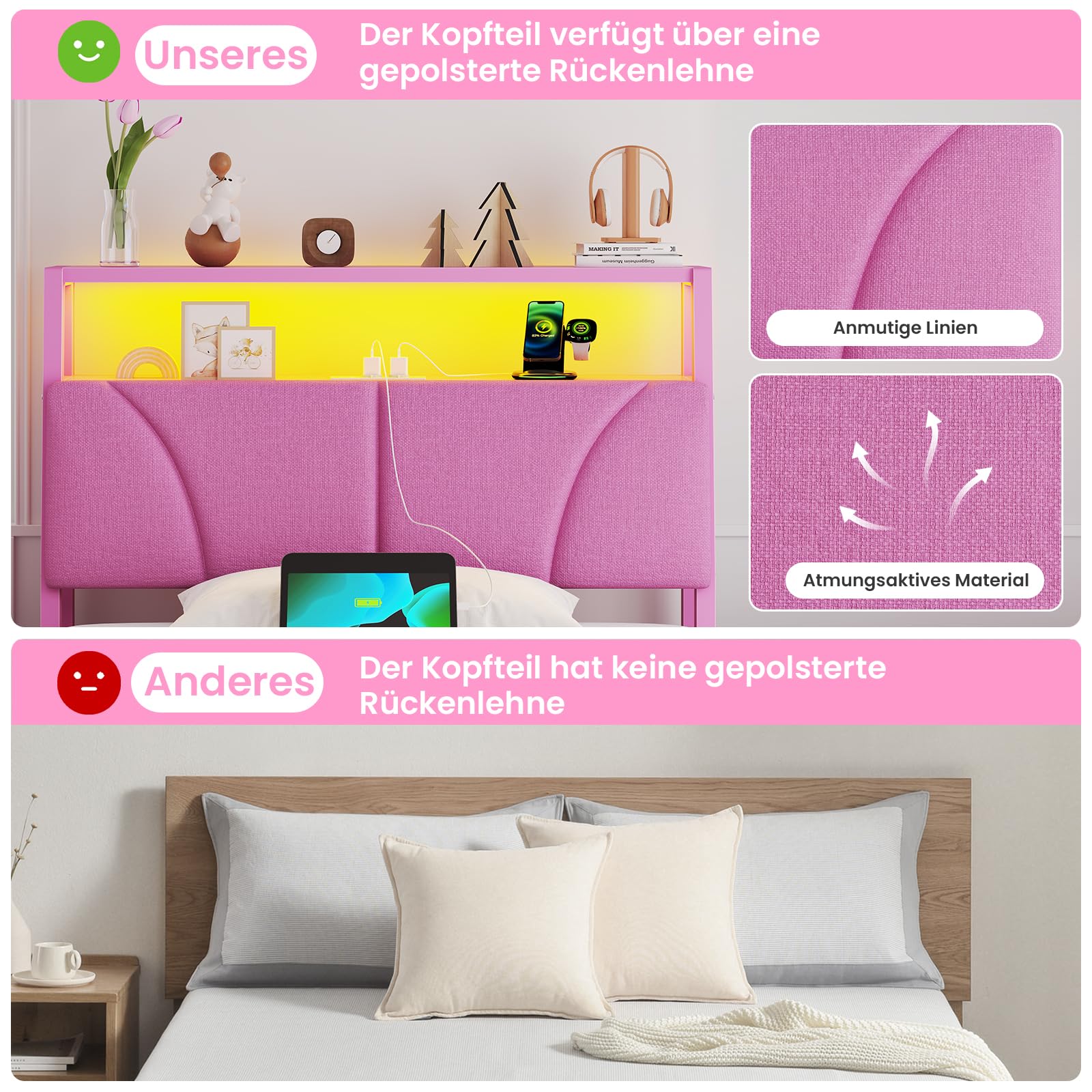 Brinlawb Mädchen Bett 90x200 cm mit LED Beleuchtung und Ladestation (2 AC-Steckdosen, 1 USB-A, 1 USB-C) Bettgestell Jugendbett mit gepolstertem Kopfteil und 2 offenen Regalen, Kinderbett 90x200 Rosa