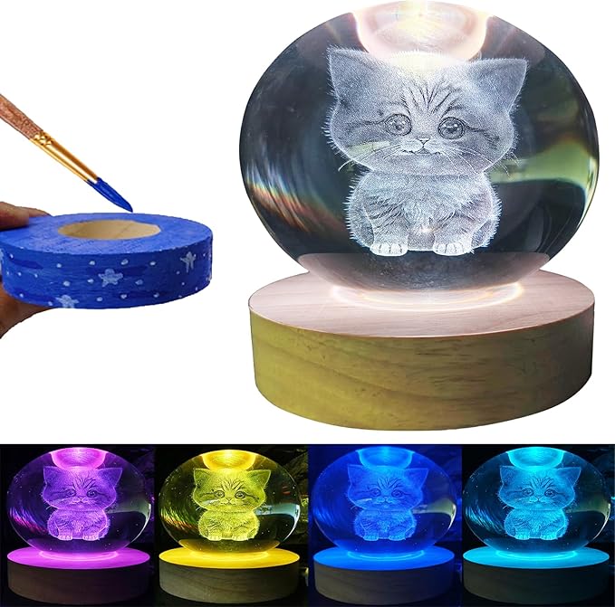 KAZETEC 3D Kitten Crystal Ball 3.15" / LED Gradient Color Wooden USB Switch Base/Cat-Themed Couple Gift/Birthday, Christmas, Valentine's Day, Thanksgiving, Mother's Day Gift