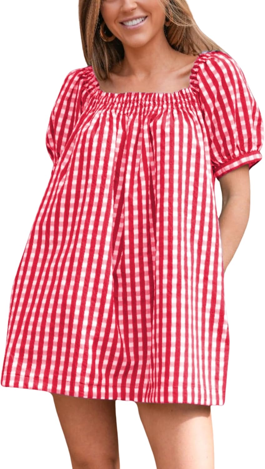 Yeokou Women Plaid 2 Piece Summer Casual Puff Sleeve Smocked Babydoll Shirt Wide Leg Shorts Matching Lounge Sets