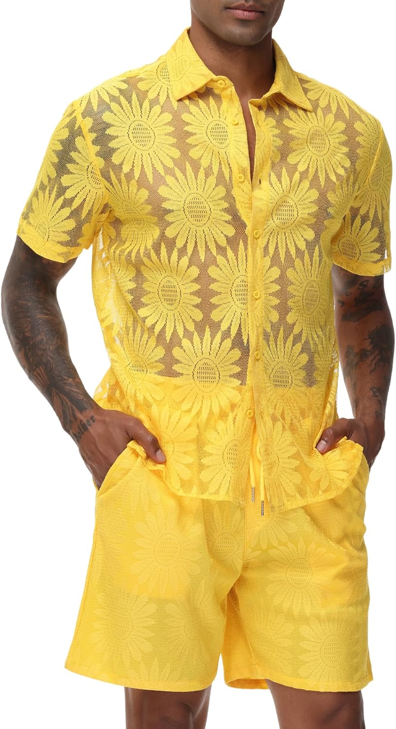 LecGee Men Summer Casual Short Sets Lace Short Sleeve Button Down Shirt Elastic Waist Shorts 2 Piece Outfits Tracksuit - Image 3