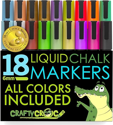 Crafty CrocMarcador de tiza líquida paquete jumbo x 18 ganador de los premios Moms Choice colores neón punta reversible de 6 mm 2 puntas de repuesto