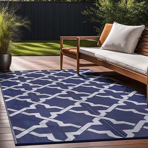 Beverly Rug Trellis Outdoor Rugs 4x6 Waterproof Reversible Plastic Straw Rug Outdoor Carpet, Outside Mat for Patio, Camping, Picnic, Porch, Deck, RV, Beach, Pool, Blue and White