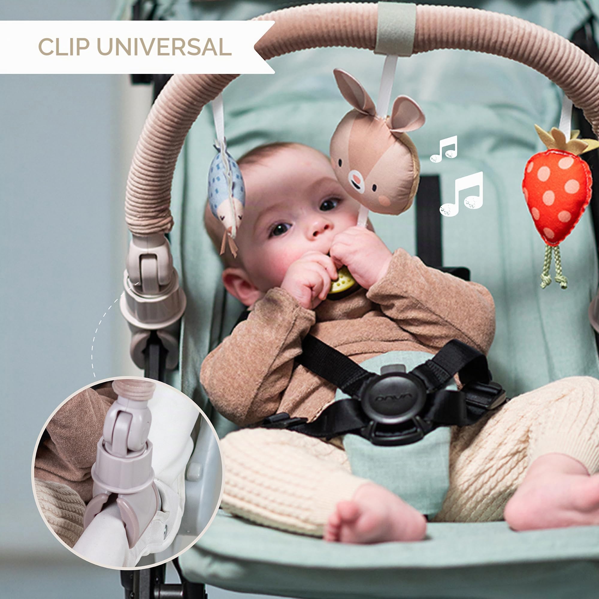 Taf Toys Arco musical de conejito para cochecito. Arco de viaje de actividades con 3 juguetes sensoriales para colgar. Barra de juguetes para cochecitos y asientos de coche. Clips ajustables grandes