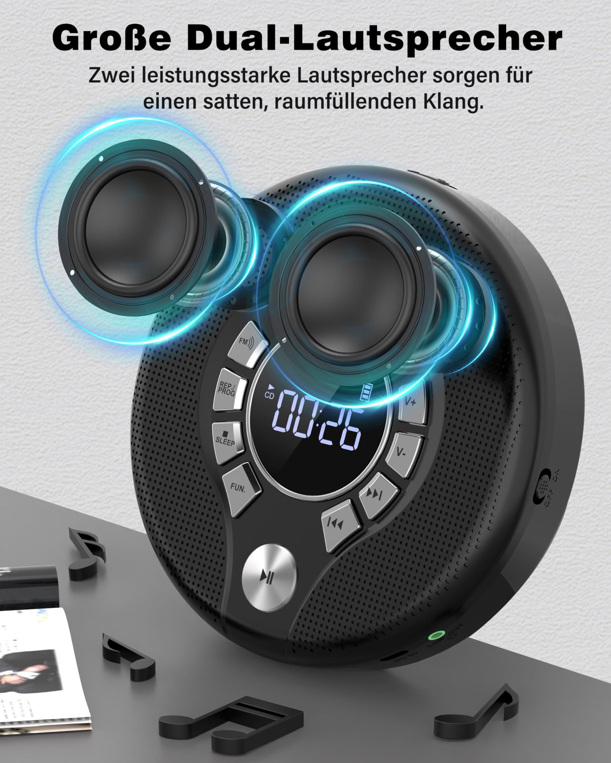 Greadio Bluetooth CD Player Tragbar mit Kopfhörer Discman CD-Player | Anti-Skip/Stoßfest und 2000mAh Wiederaufladbarer, Kompatibler FM-Sender, USB, AUX-Ausgang, HiFi-Doppellautsprecher für Auto