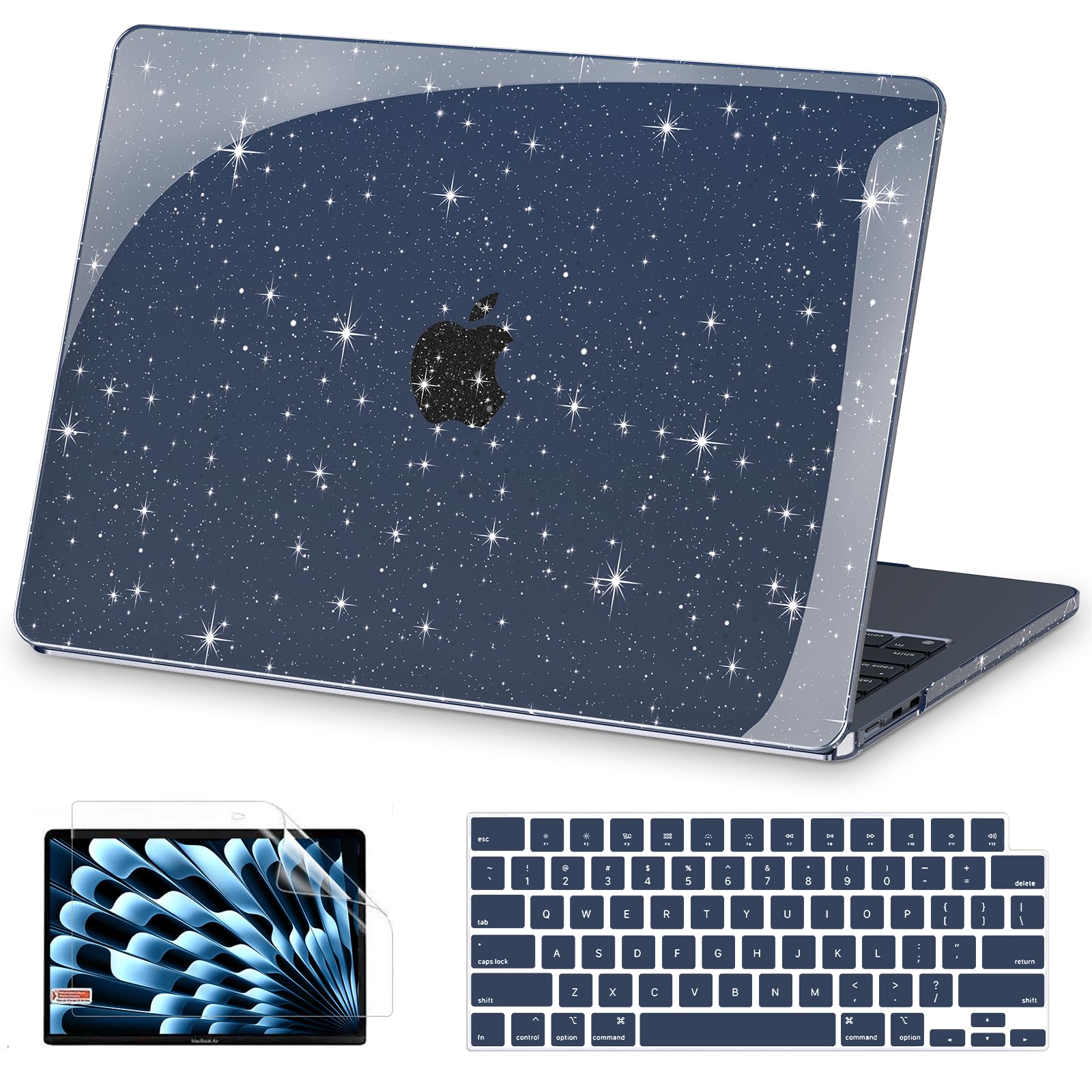 AKIT Compatible with MacBook Air 13 Inch Case Glitter 2025 2024-2022 Release M4 A3240 M3 A3113 M2 A2681, Shiny Laptop Shell Case&Screen Protector&Keyboard Cover for Mac Air 13.6 Inch, Sparkly Midnight