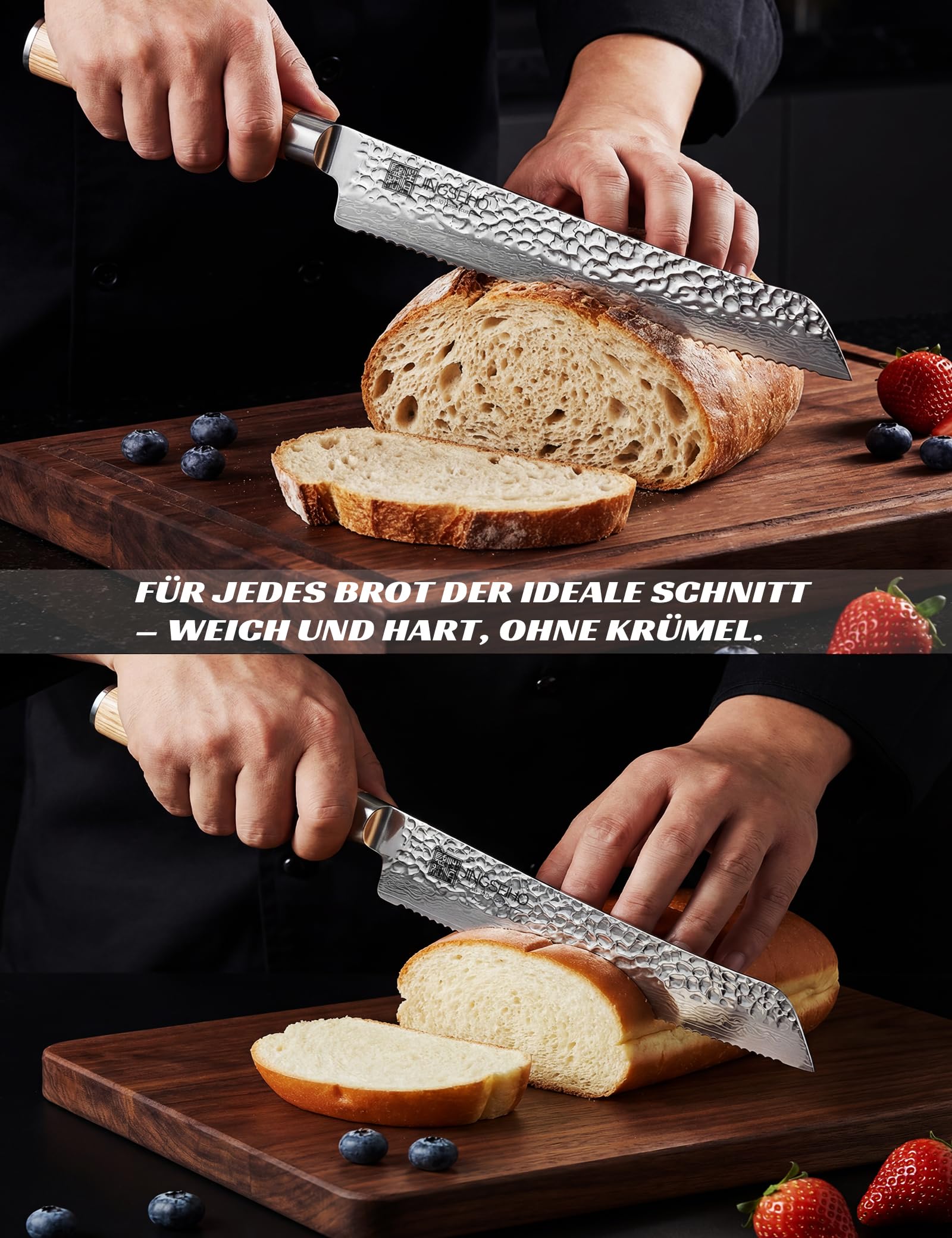 Japanisches Brotmesser Wellenschliff 26 cm, VG-10 Damaststahl-Klinge mit Extra Langer Schärfe, Perfekter Brotschneider für Knuspriges Sauerteigbrot