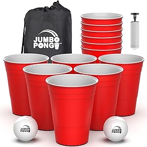 Jumbo Pong - Giant Yard Pong Game for Outdoor Lawn, Beach, Camping, Tailgating or Backyard - Durable Giant Cups with Indoor/Outdoor Ball and Pump Included, 6 Years and Older