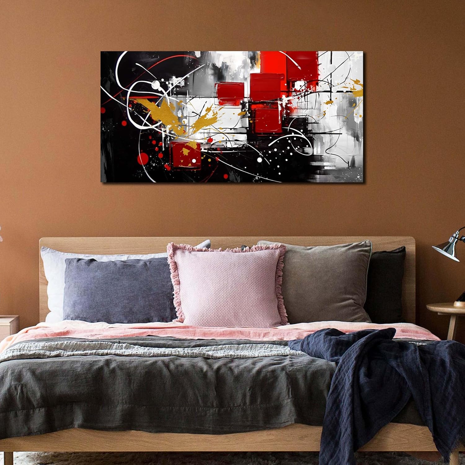 ANCXWOTER Abstract Wall Art for Living Room Black Canvas Wall Art Modern Grey Red Line Artwork for Bedroom Office Home Decor Canvas Prints 20x40 Inch