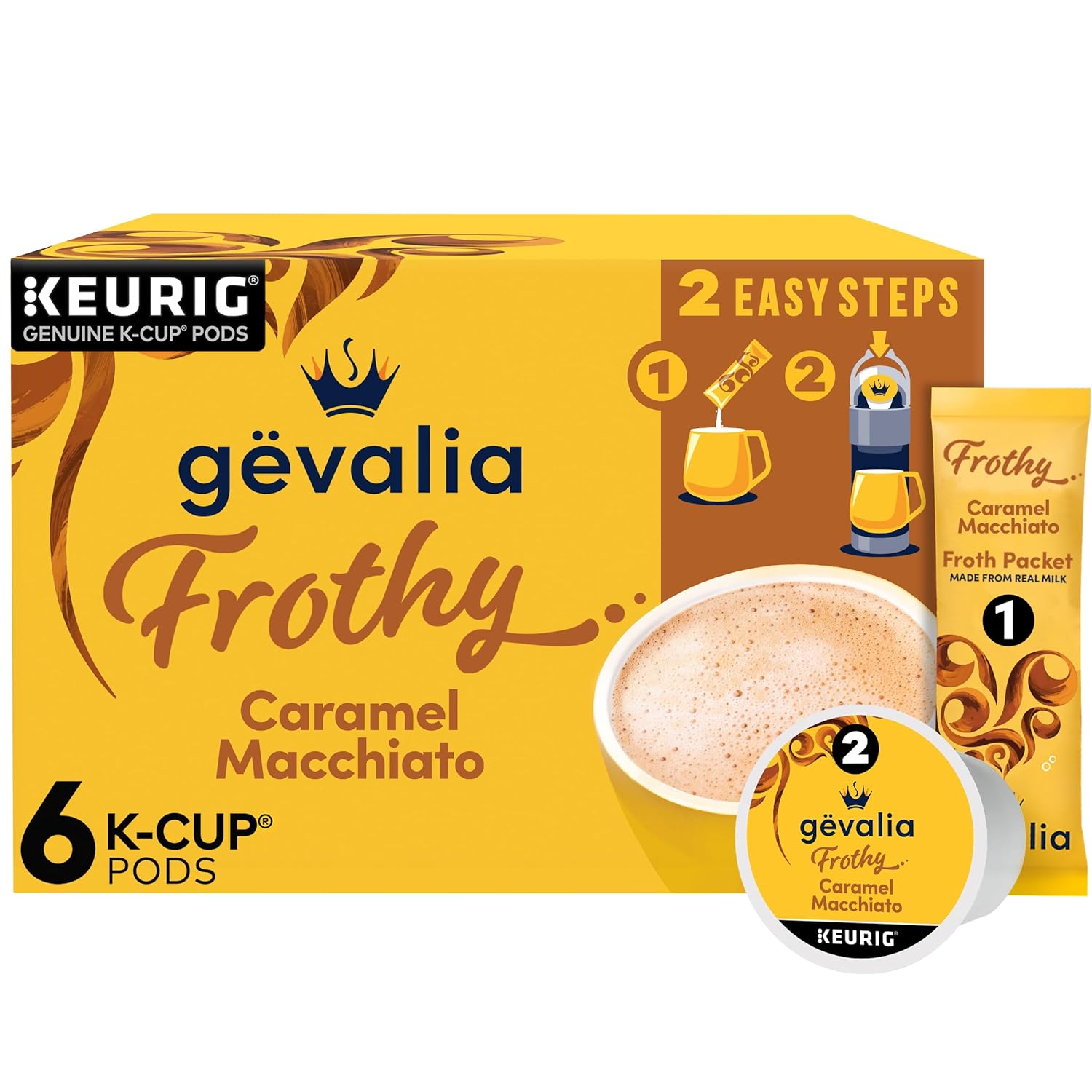 Gevalia Frothy 2-Step Artificially Flavored Caramel Macchiato Espresso Style K-Cup Coffee Pods Froth Packets Kit 6 ct Box