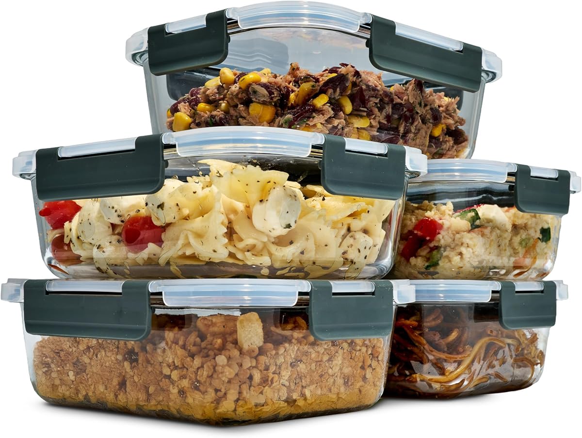 uandu Glasbehälter mit Deckel – Meal Prep Boxen Set 5-teilig – Frischhaltedosen Glas BPA-frei – Spülmaschinen-, Mikrowellen- & Gefrierschrankgeeignet