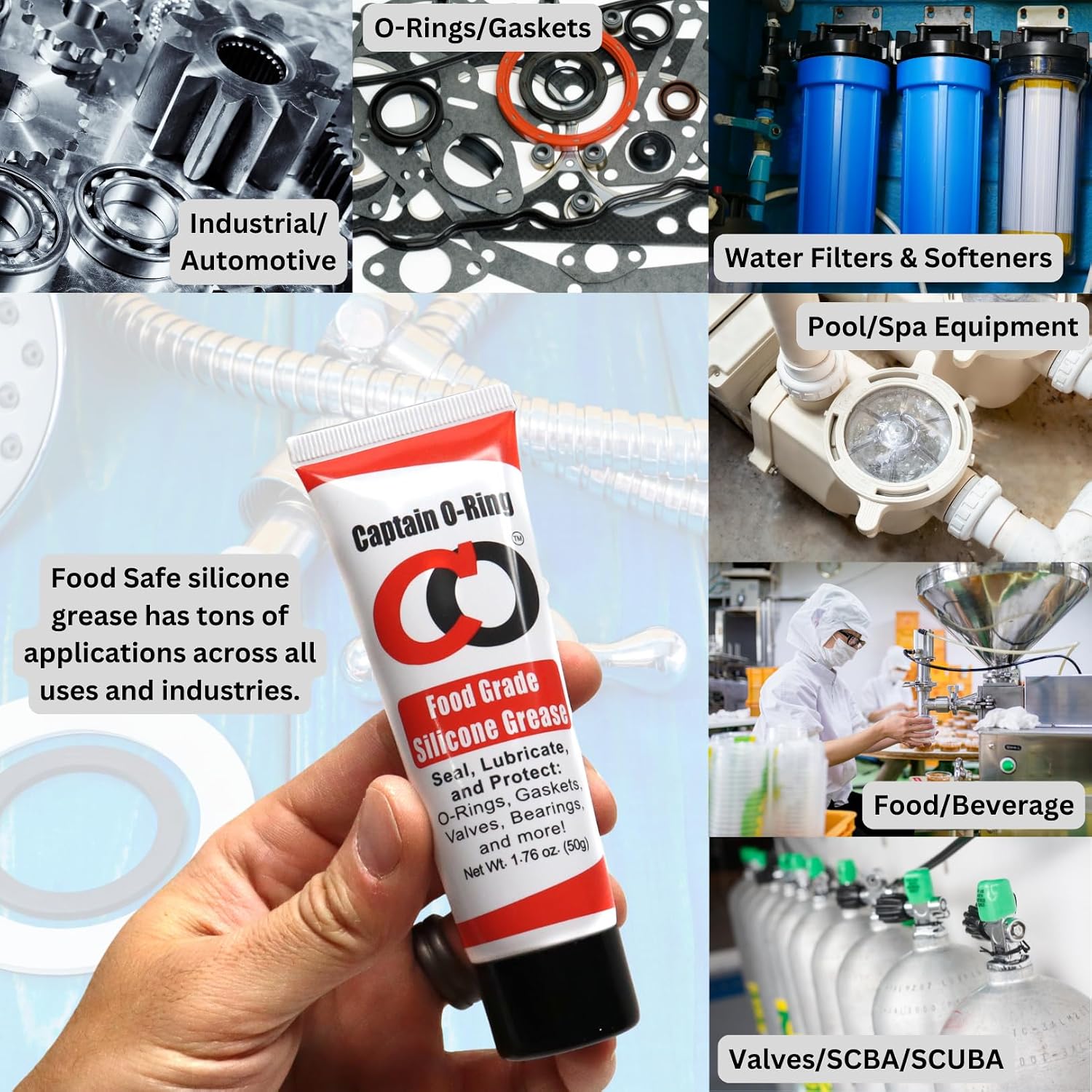 Captain O-Ring - NSF Food Grade Silicone Lubricant Grease for O-Rings, Seals, Gaskets, Pumps, Pool Spa, Plumbing, Faucets, Valves, More (1.76oz, 50g)