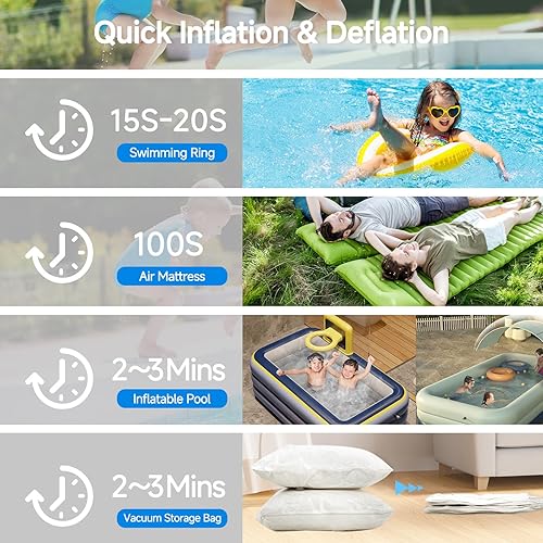 Miniatura 9 de Mini bomba de aire eléctrica portátil para inflables, luz de campamento (SOS), 5 boquillas universales, clip de mosquetón, recargable de 2400 mAh,