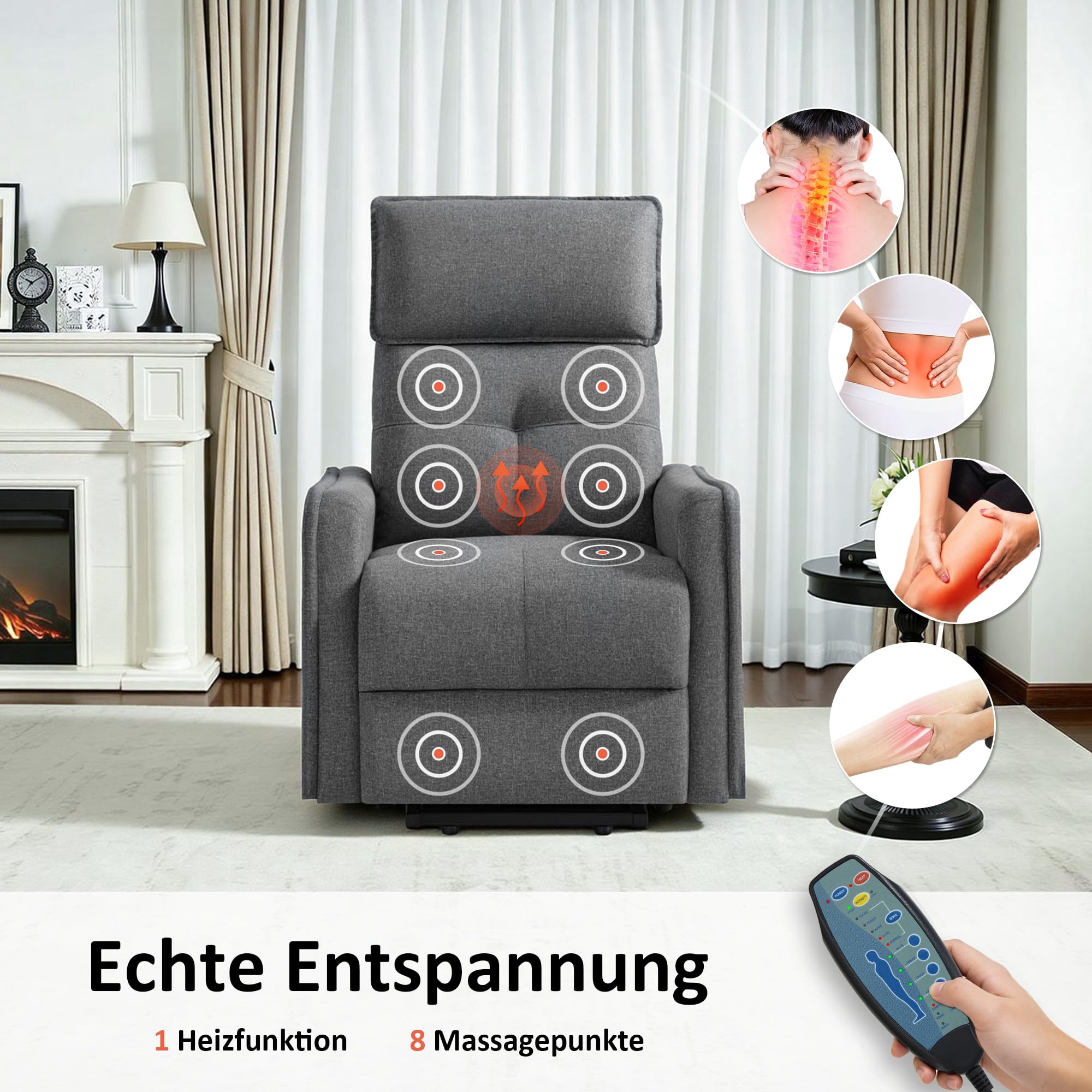 M MCombo Sillón TV con Asistencia Eléctrica para Levantarse, Sillón TV con función reclinable hasta 135°, Masaje & Calefacción, pequeño sillón Elevador, sillón Senior para salón 7027 (Gris)