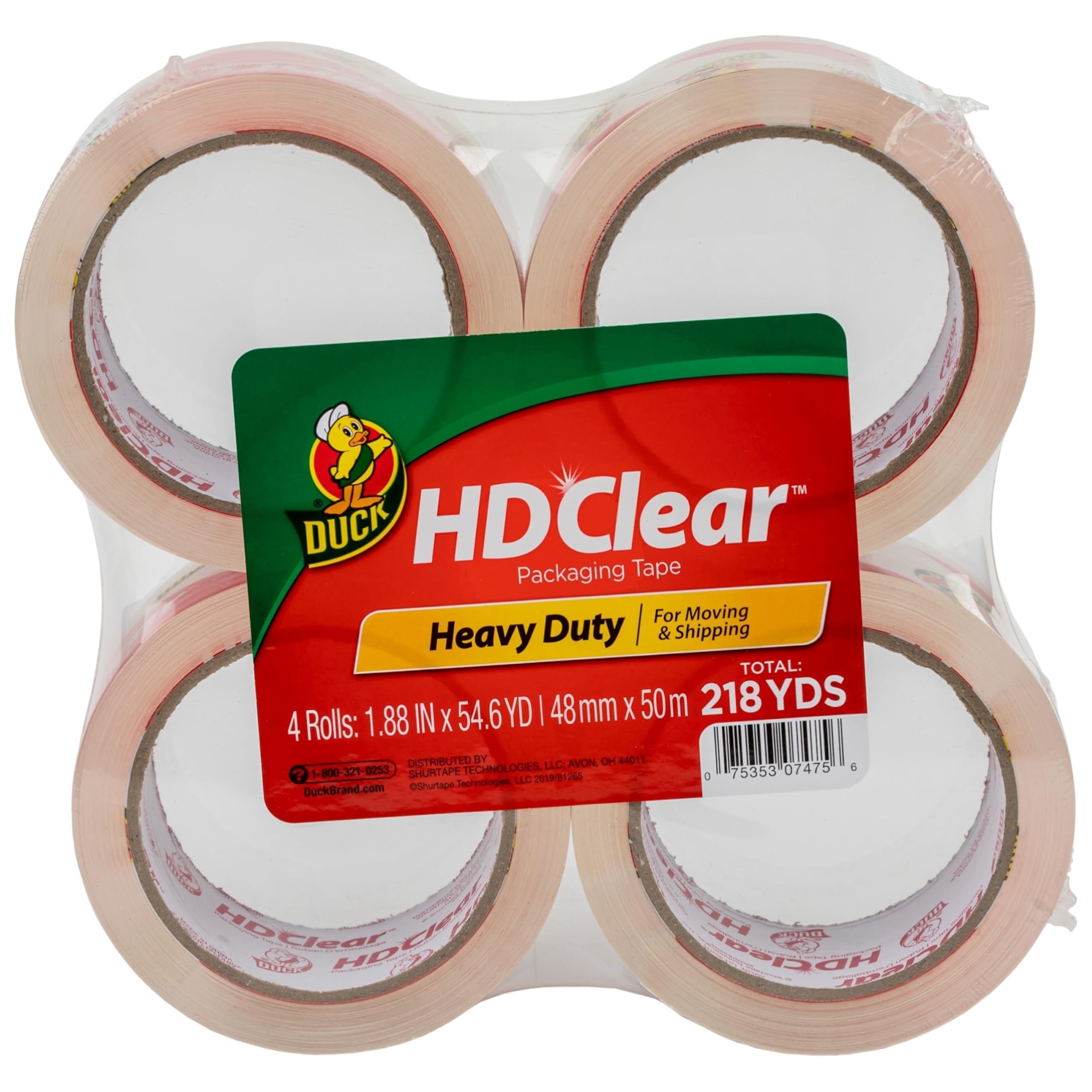 Duck HD Clear Heavy Duty Packing Tape Refill Rolls, 2 in Wide, 4 Rolls