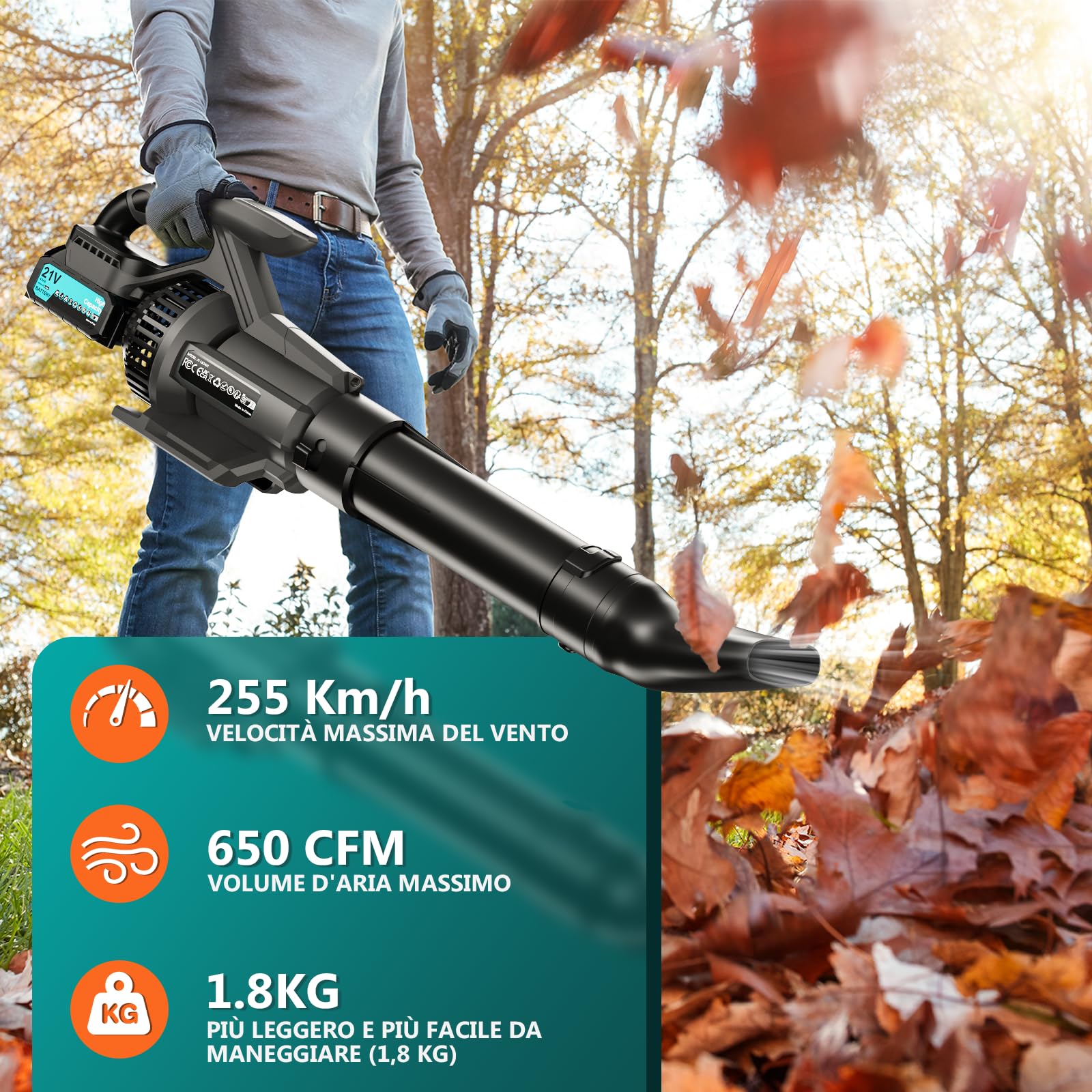 Olubfdh 21V Soffiatore a Batteria 255Km/h 1070m³/h, Max 38000RPM, 3 Velocità con 2 batterie 4000 mAh e caricabatterie Display LCD per Foglie Giardino, Trucioli Legno, Pulizia del Cortil (Grigio)