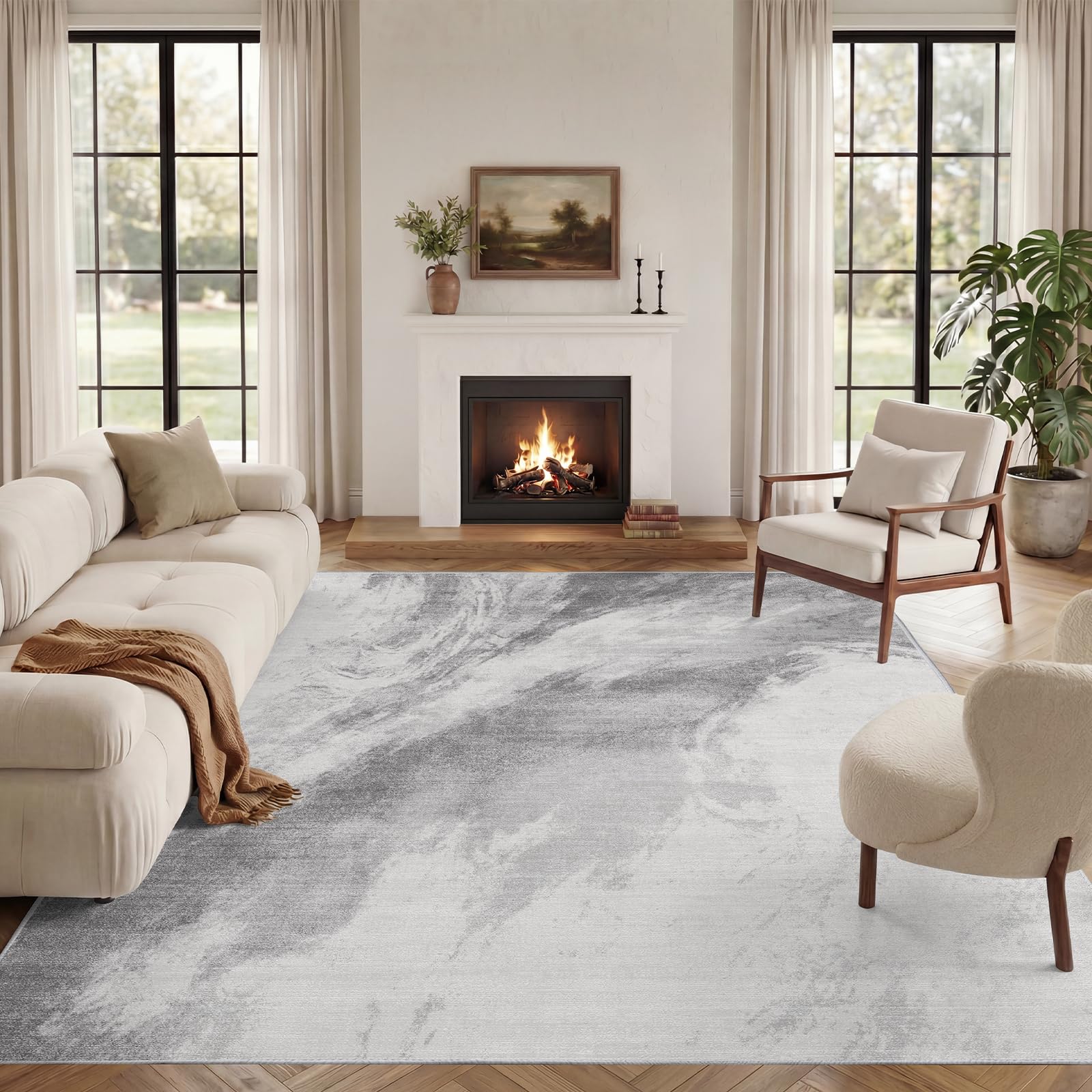 Vamcheer Teppich Wohnzimmer Kurzflor Moderner - Schlafzimmer Teppiche Flauschiger,Waschbar Teppich der Orient,Teppiche Groß für Arbeitszimmer, Büro,Super Weich, Anti-Rutsch,Hellgrau 200x300