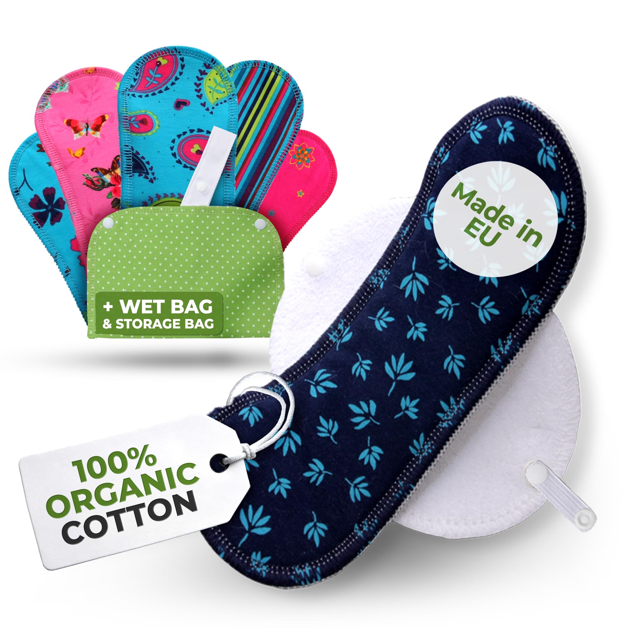 Compresas reutilizables en algodón orgánico para flujo ligero (S+M, 6 uds.); lavables a alta T°, HECHAS EN LA UE; suaves y no irritantes, compresas de tela para una higiene menstrual cómoda de mujeres — view 13