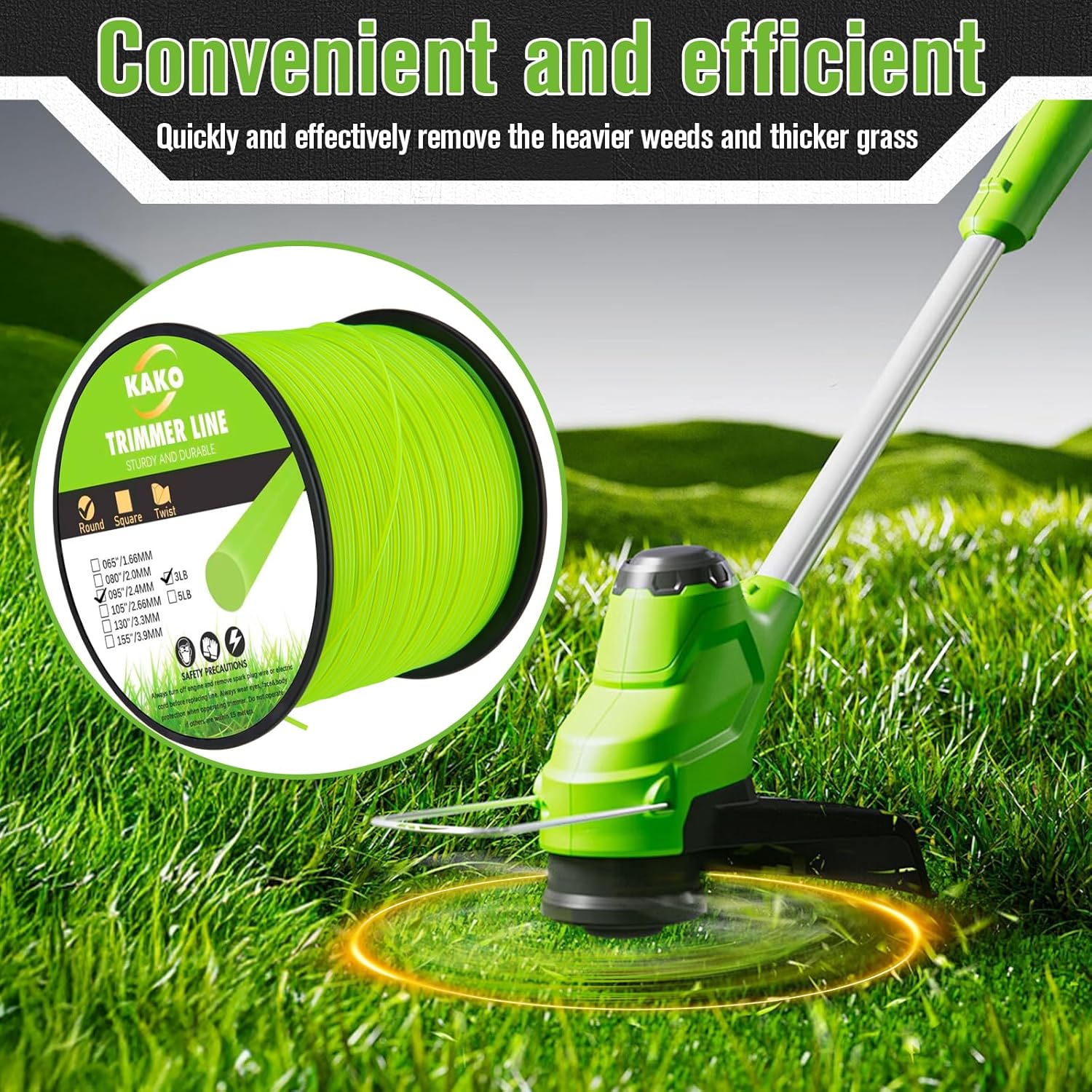 KAKO 095 Trimmer Line Heavy Duty, Weed Eater String .095, String Trimmer Line .095, Weed Eater Line .095, Trimmer String .095In-880Ft-3Lb Weedeater Line .095 Fits Most String Trimmers(Round)