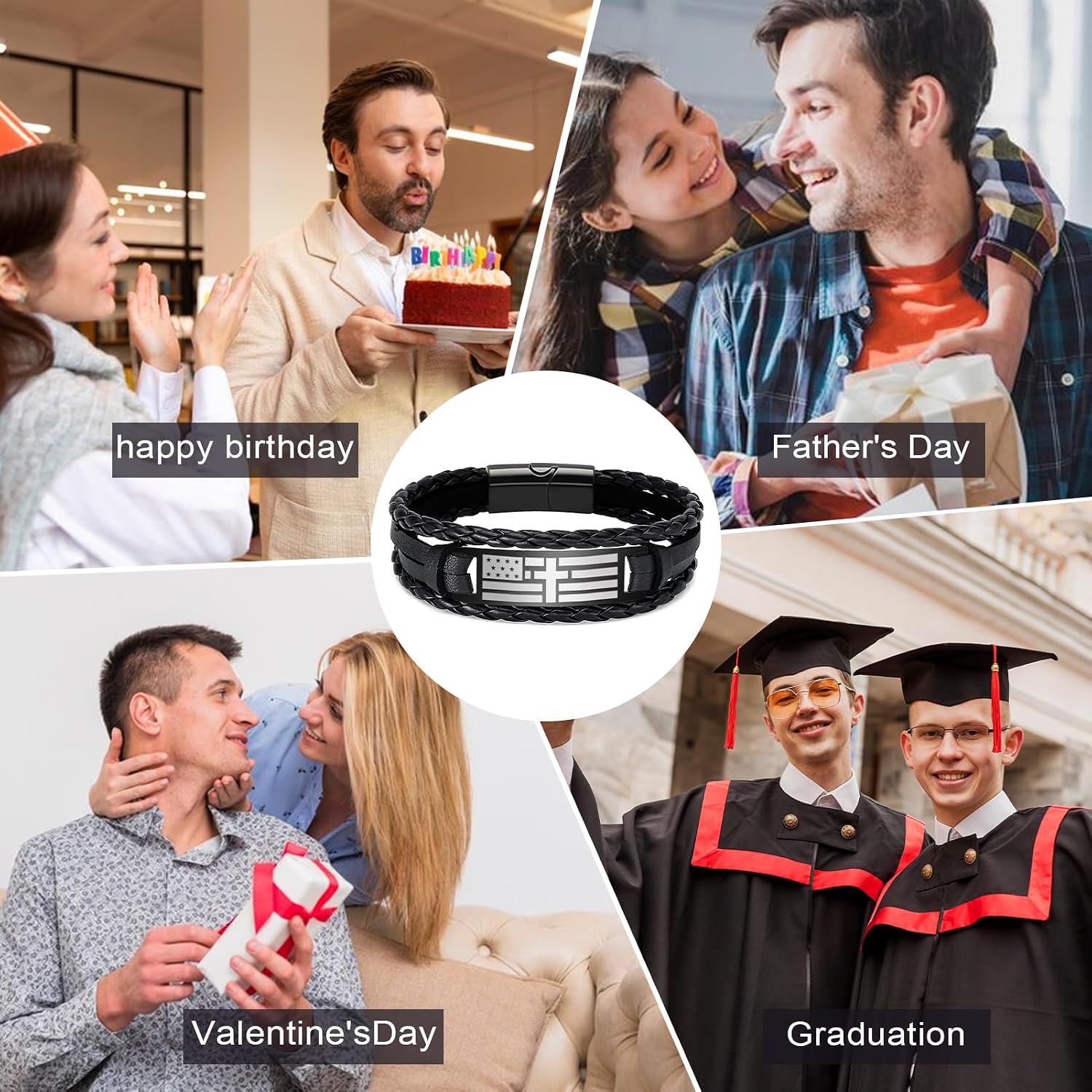 2026 Graduation Gifts Him Men American Flag Cross Bible Verse Bracelet Christian Gifts Black Braided leather Bracelets for Men Teen Religious Jewelry Catholic Gifts Baptism Confirmation