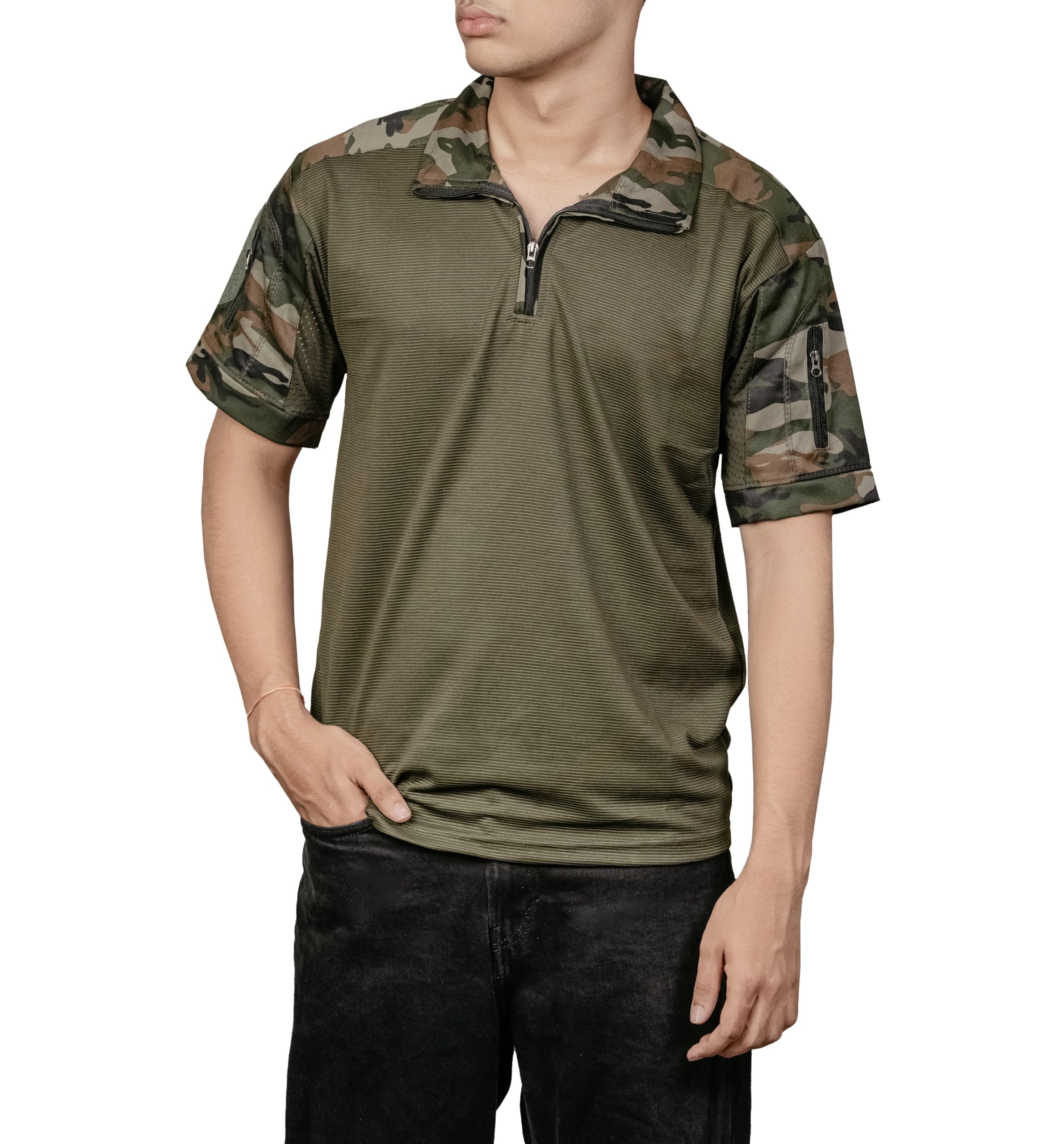 Army T-Shirt Men’s Tactical Combat T-Shirt Half Sleeve Army Camouflage Quick Dry Tee with Zip Neck & Utility Sleeve Pocket-image-48