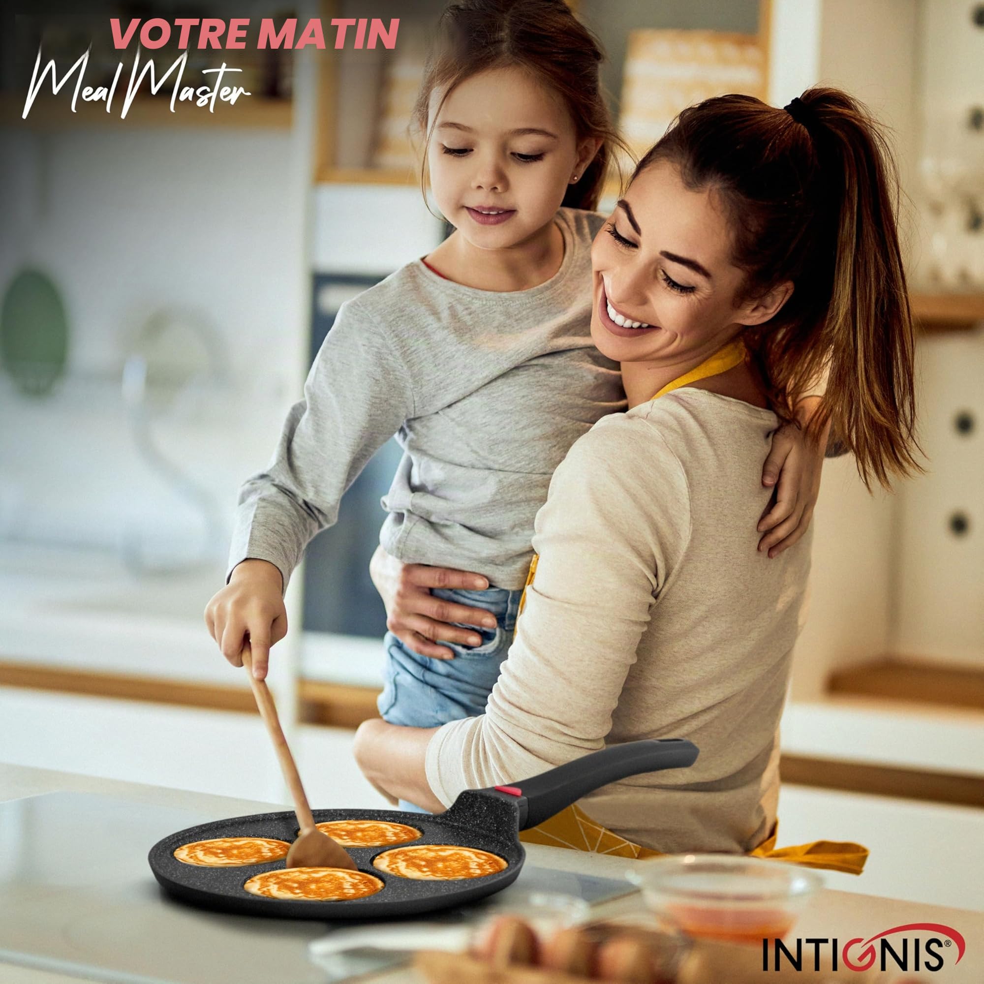 INTIGNIS Poêle à frire antiadhésive céramique 27 cm pour mini-crêpes 4 moules Induction