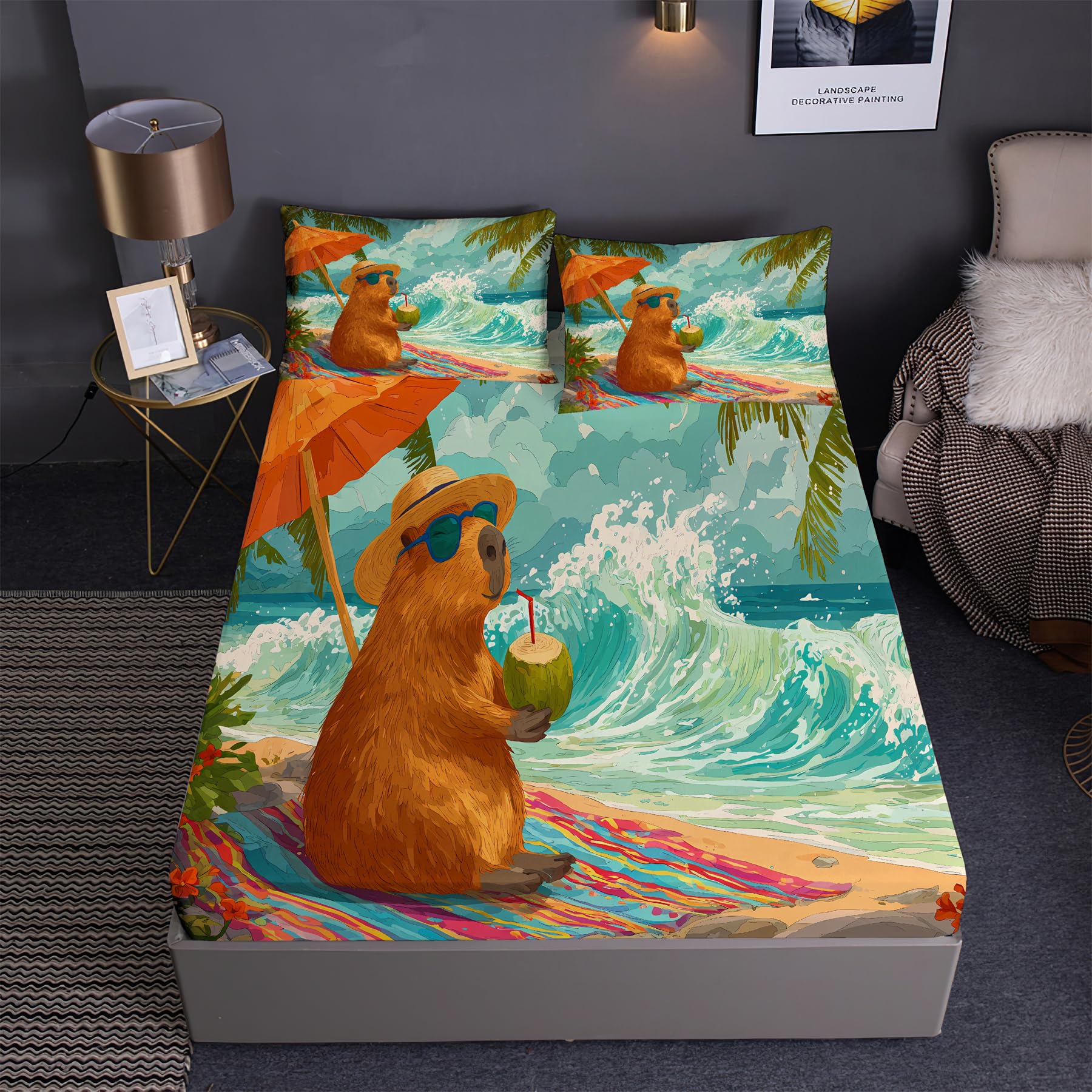 Drap housse capybara parure lit microfibre king poche profonde