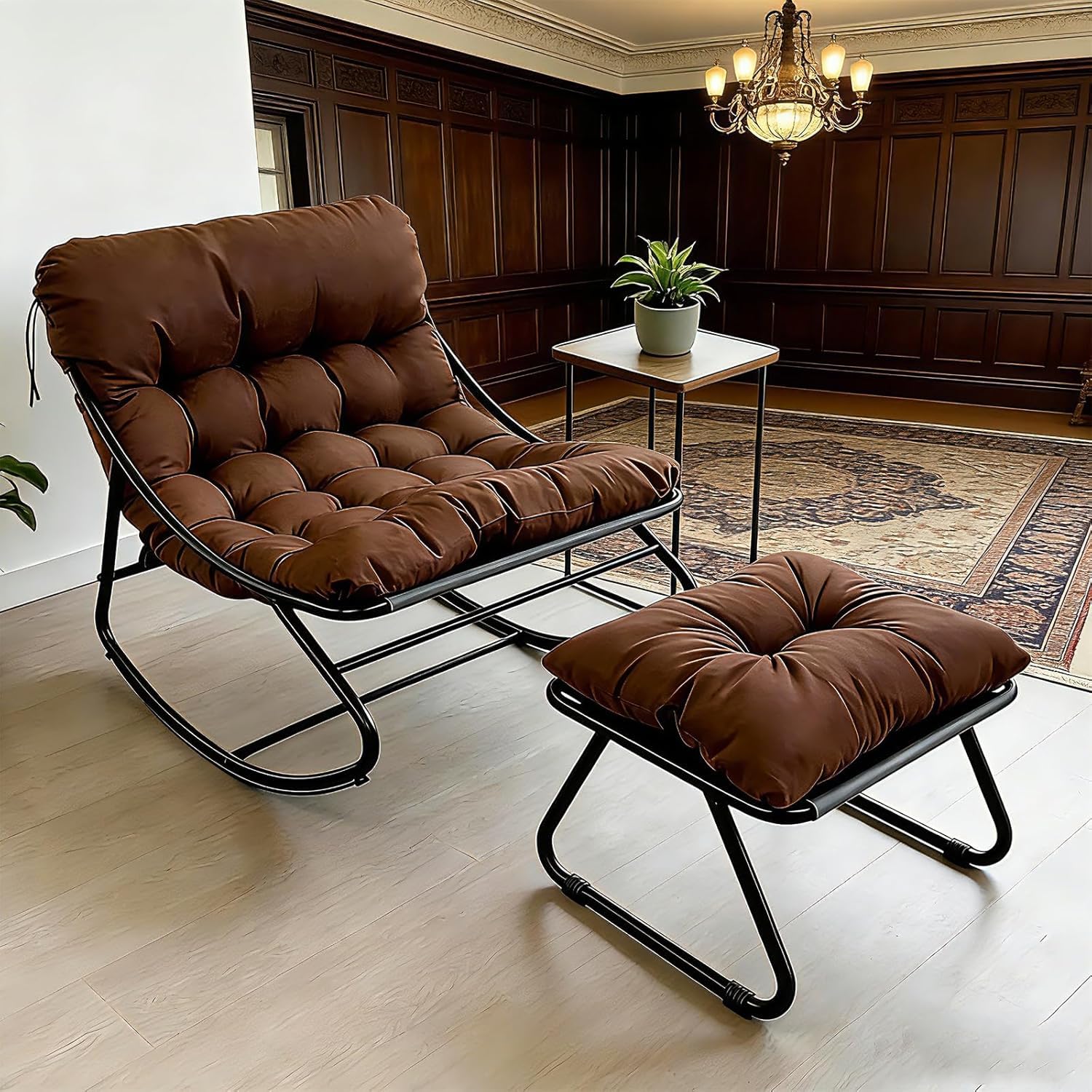 Sedia a dondolo con sgabello, sedia a dondolo, sedia a dondolo, per soggiorno, sedia da lettura con imbottitura, per esterni, fino a 150 kg, per balcone, giardino (marrone-1, 100 x 77 x 70 cm)