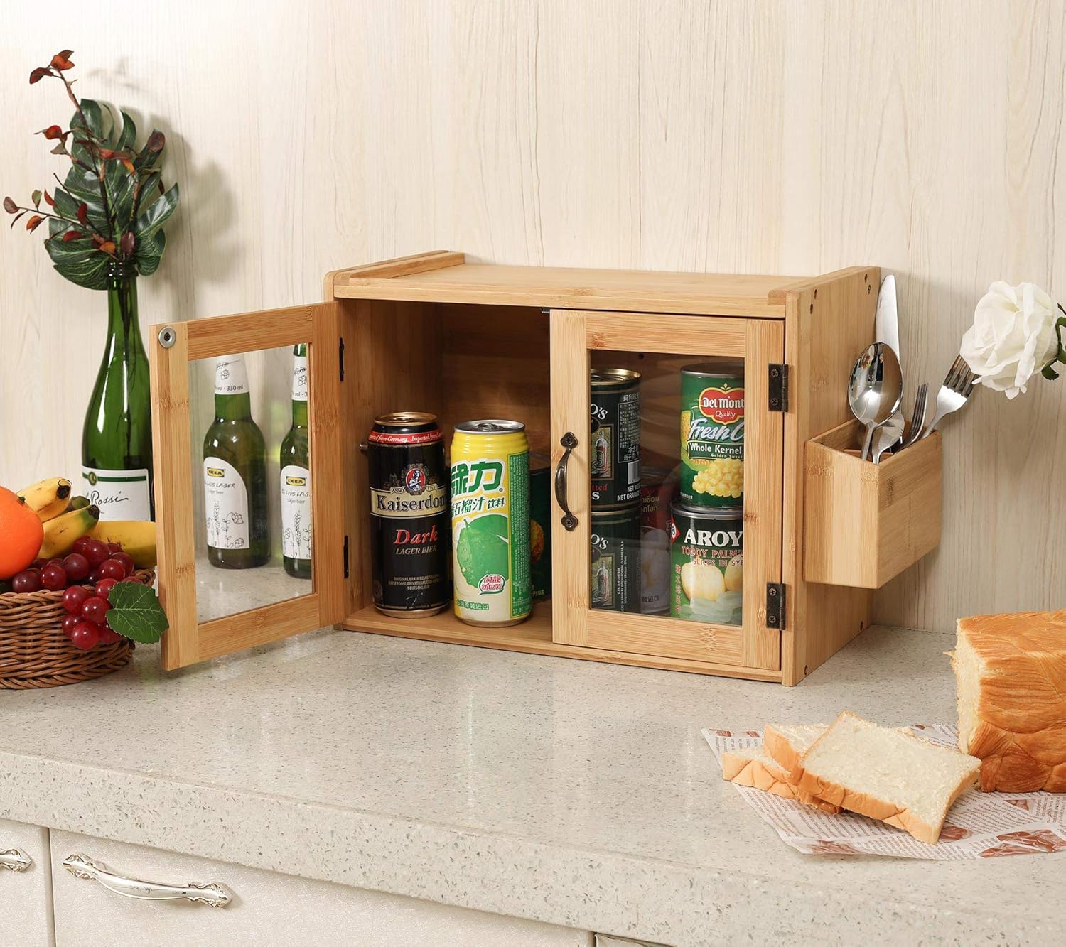 Gеt Pорulаr оƒƒеr TQVAI Bamboo 2 Layer Bread Boxes with Clear Window and Silverware Holder Wall Mounted Double Tier Bread Storage Bin for Kitchen Countertop - Assembly Required, Original