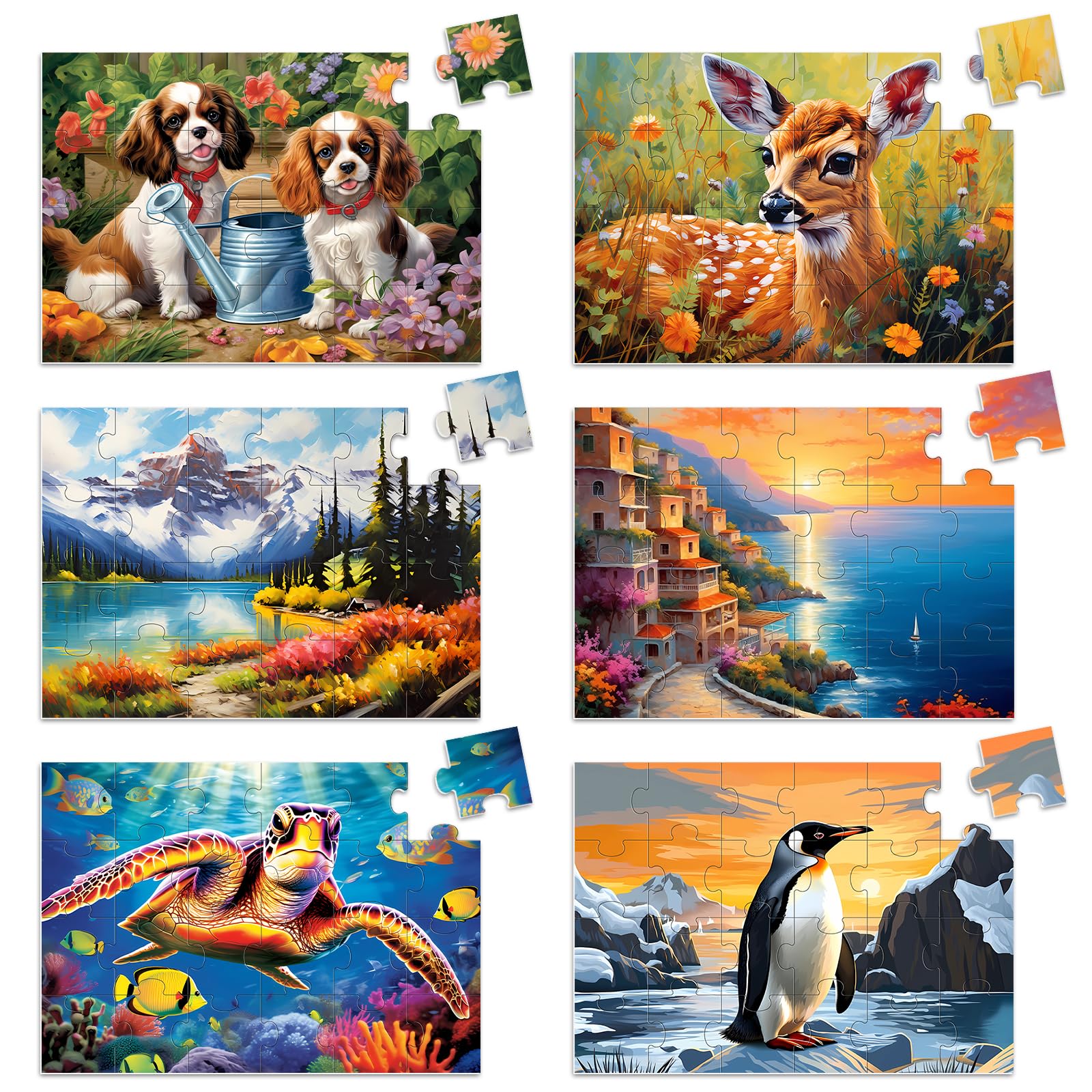 6 Pack Large Piece Puzzles for Seniors, 24 Piece Dementia Puzzles for Elderly Penguin Sea Turtle Deer Jigsaw Puzzle Alzheimer's Dementia Products