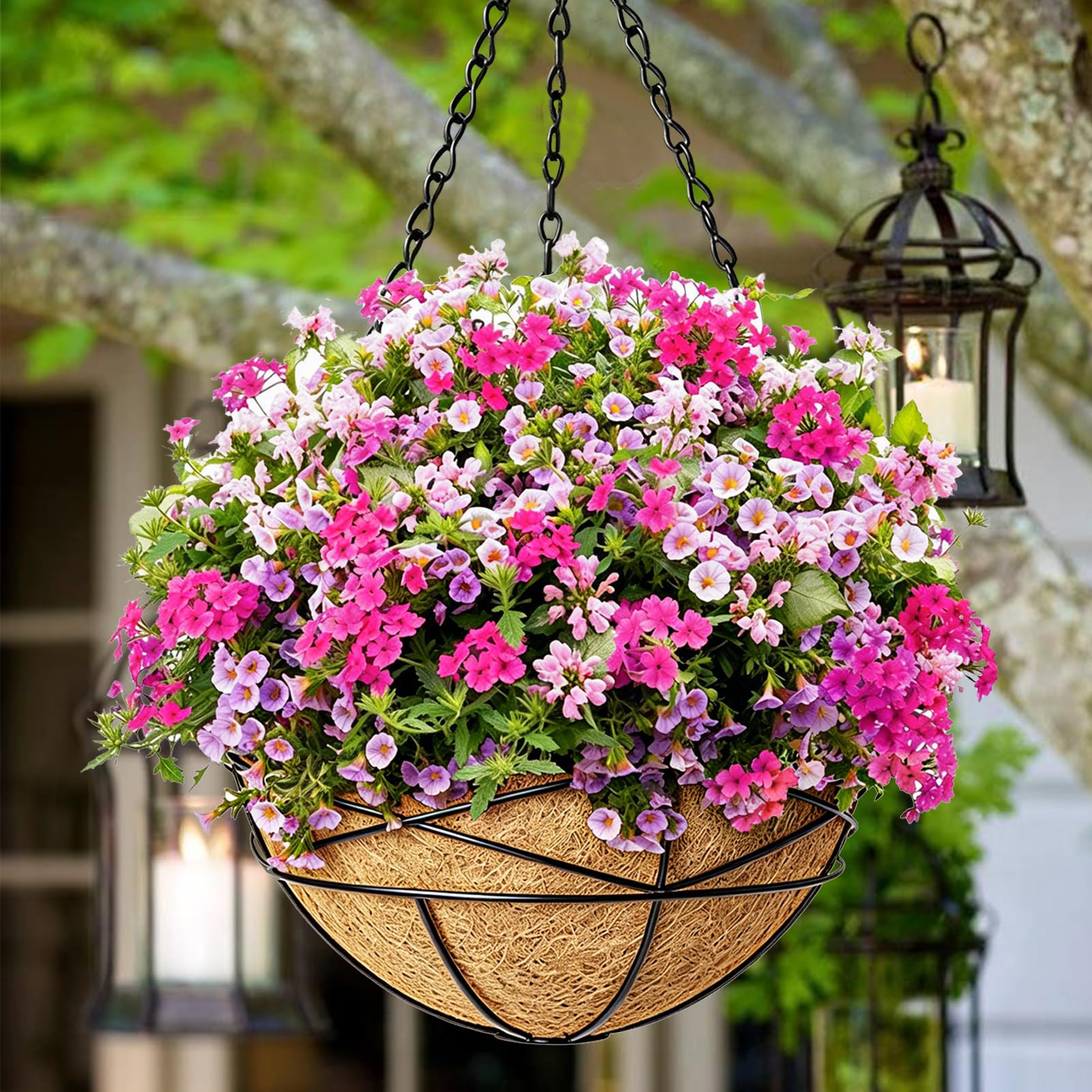 Lot de 4 paniers de fleurs à suspendre en métal avec doublure en fibre de coco et chaîne ronde pour pots de fleurs, décoration de jardin, paniers à suspendre avec soucoupe en plastique pour intérieur