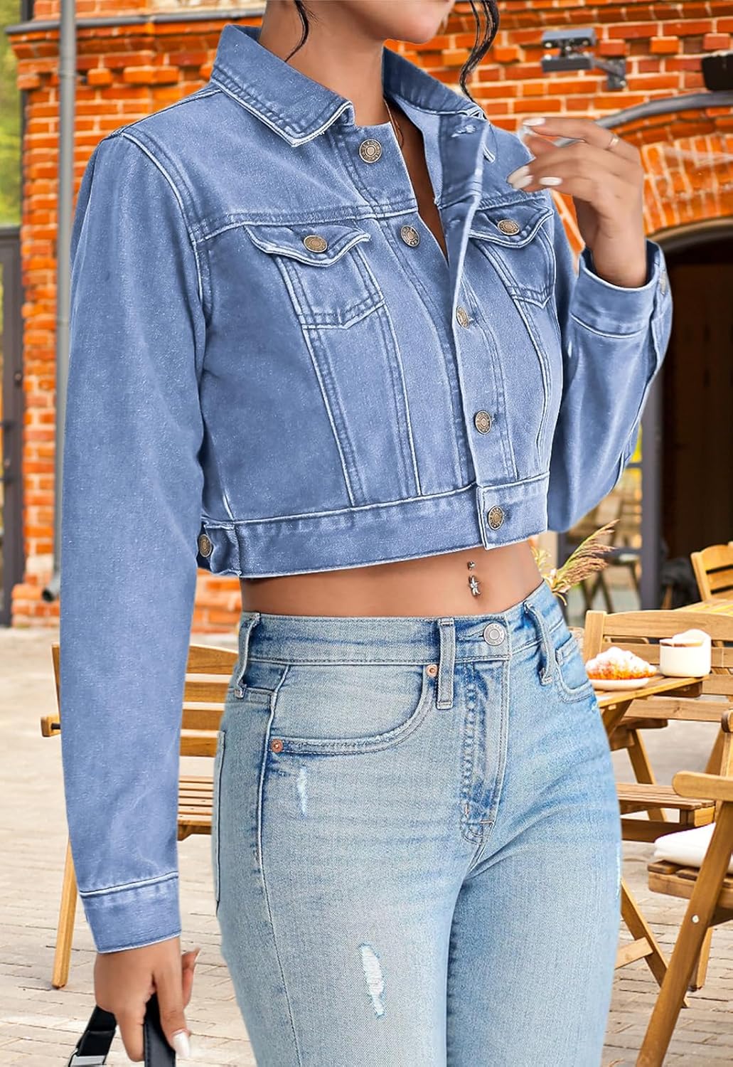 Cropped Jean Jacket for Women Long Sleeve Classic Casual Crop Top Denim Jackets Coat - Image 5