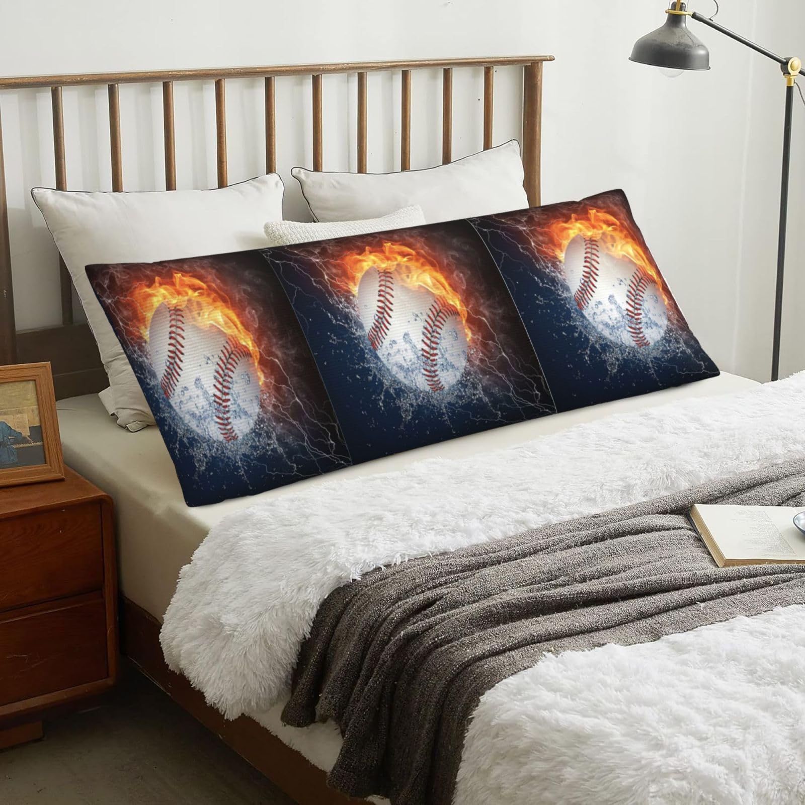 A Picture Of A Baseball In Water And Fire, Body Pillow Cover with Zipper,Long Body Pillowcase 20 x 60 in
