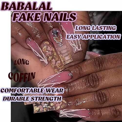 Miniatura 5 de BABALAL Uñas postizas extralargas a presión en forma de ataúd, uñas postizas de color amarillo y rosa degradado, uñas acrílicas con dije de mariposa