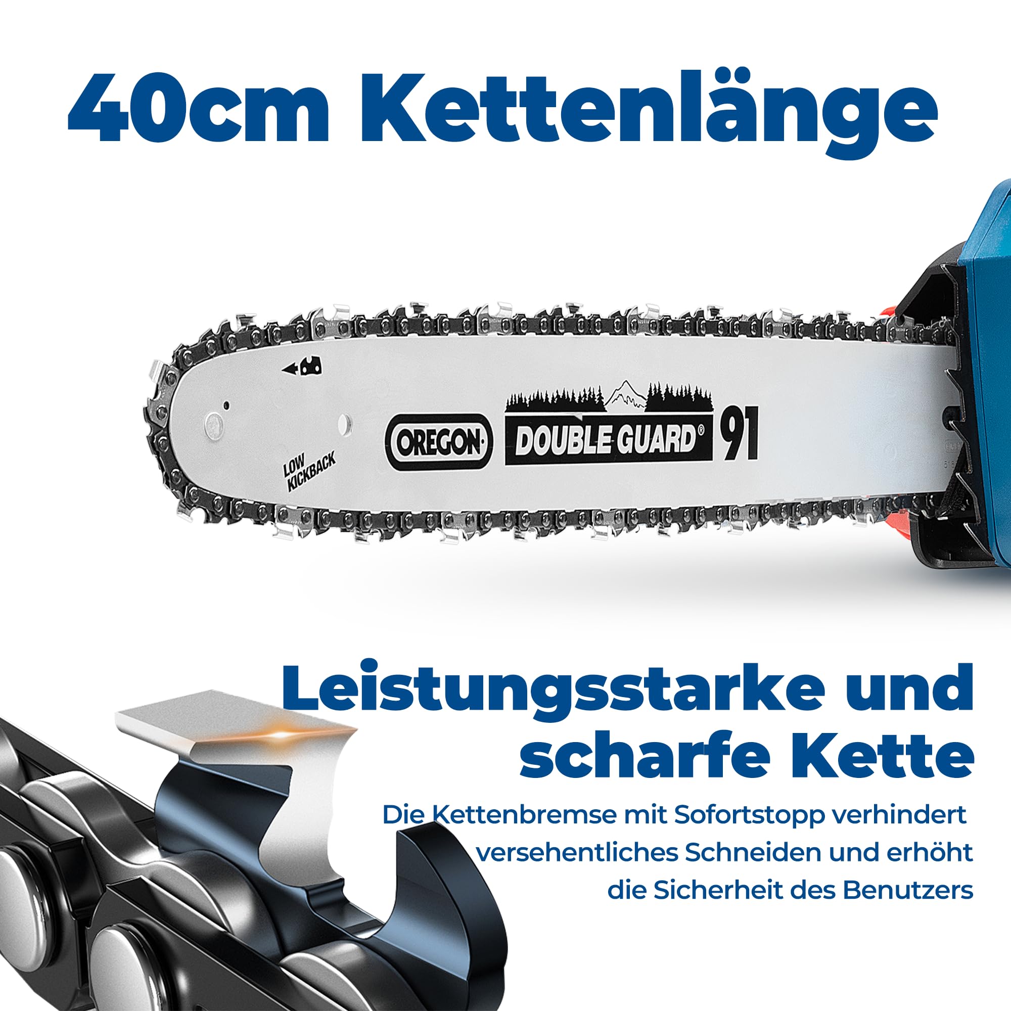 Dong Cheng Bürstenlose Akku Kettensäge 40V(2×20) V mit Oregon-Führungsschiene und Kette, werkzeuglose Kettenspannung, 38cm Schnittlänge, 14m/s Kettengeschwindigkeit für Holz und Gartenarbeit