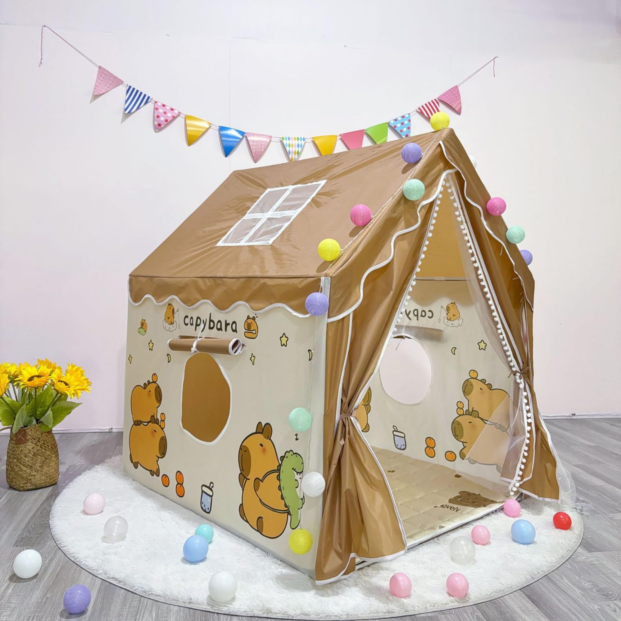 Spielzelt Kinder Indoor mit Zeltunterlage, 120 * 100 * 130 cm Capybara-Motiv Zelt Kinderzimmer, Spielzelte für Kleinkinder ab 3 Jahre (Mit Zeltunterlage)