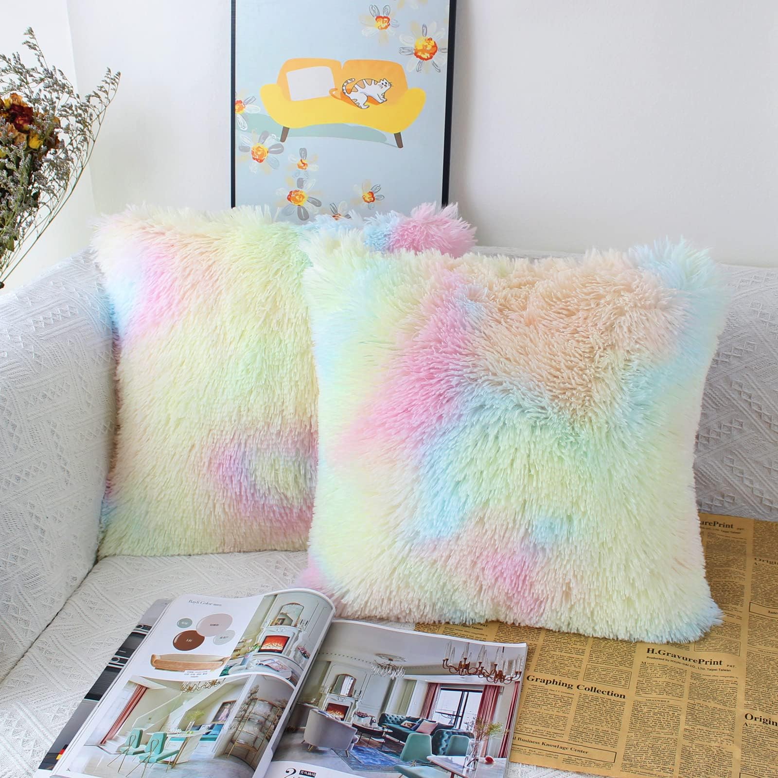 OYIMUA Set of 2 45 x 45cm Faux Fur Fluffy Cushion Covers Soft Throw Pillow Case 18x18 Rainbow Decorative Square Plush Pillowcase for Livingroom Sofa Bedroom