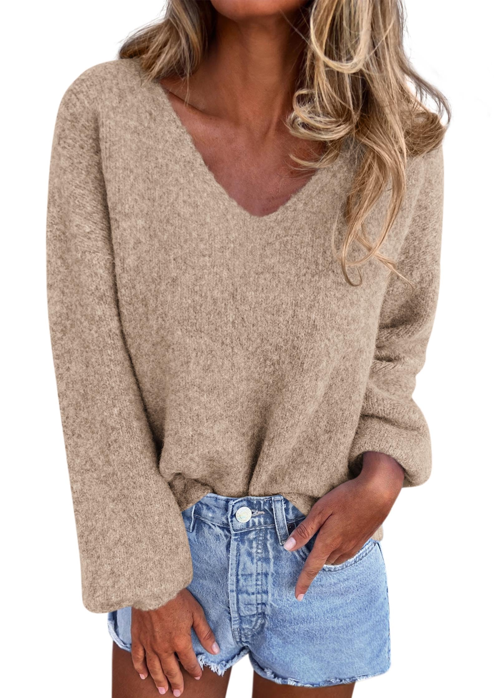 KIRUNDO Sweaters for Women Fall 2026 Oversized V Neck Cozy Cute Casual Long Sleeve Knit Pullover Trendy Winter