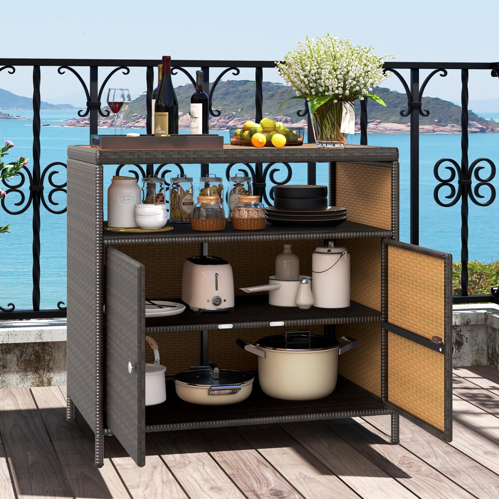 LIFEZEAL Gartenschrank Rattan, Aufbewahrungsschrank mit Akazienholzoberfläche, 90 x 53 x 86 cm, Braun