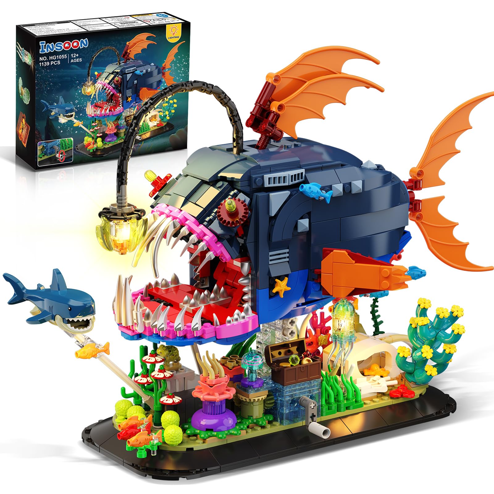 INSOON Set de Construction Poisson-Lanterne Mécanique avec Lumières, Poisson-Pêcheur Articulé avec Requin et Méduse, Kit Animal Marin 1139 Pièces, Cadeau Déco Adultes et Enfants 12+